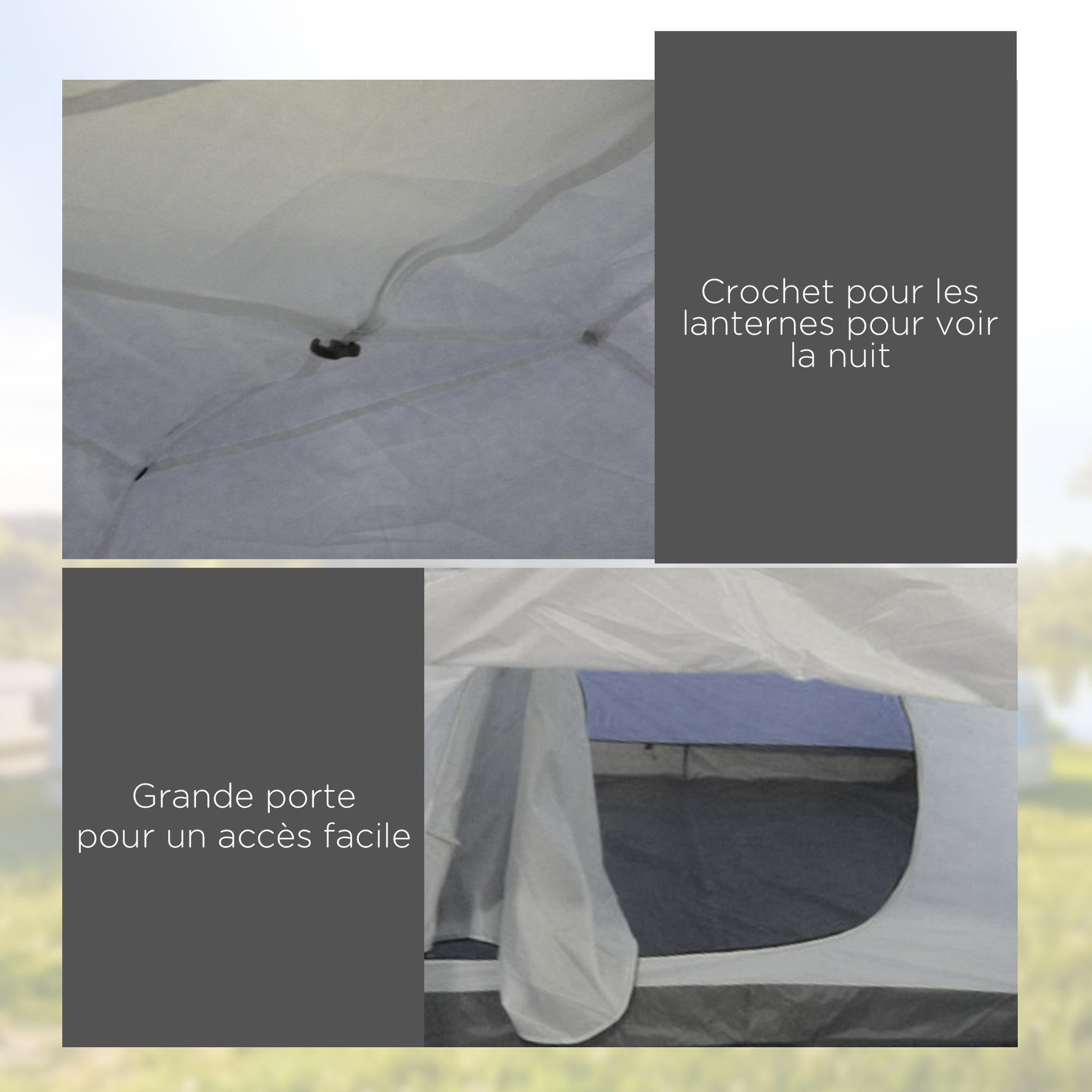 Voir la diapositive 6 : OUTSUNNY Tente de camping 3-4 pers.  - 2 portes - dim. 3,2l x 2,4l x 1,3h m - sac transport inclus - bleu gris