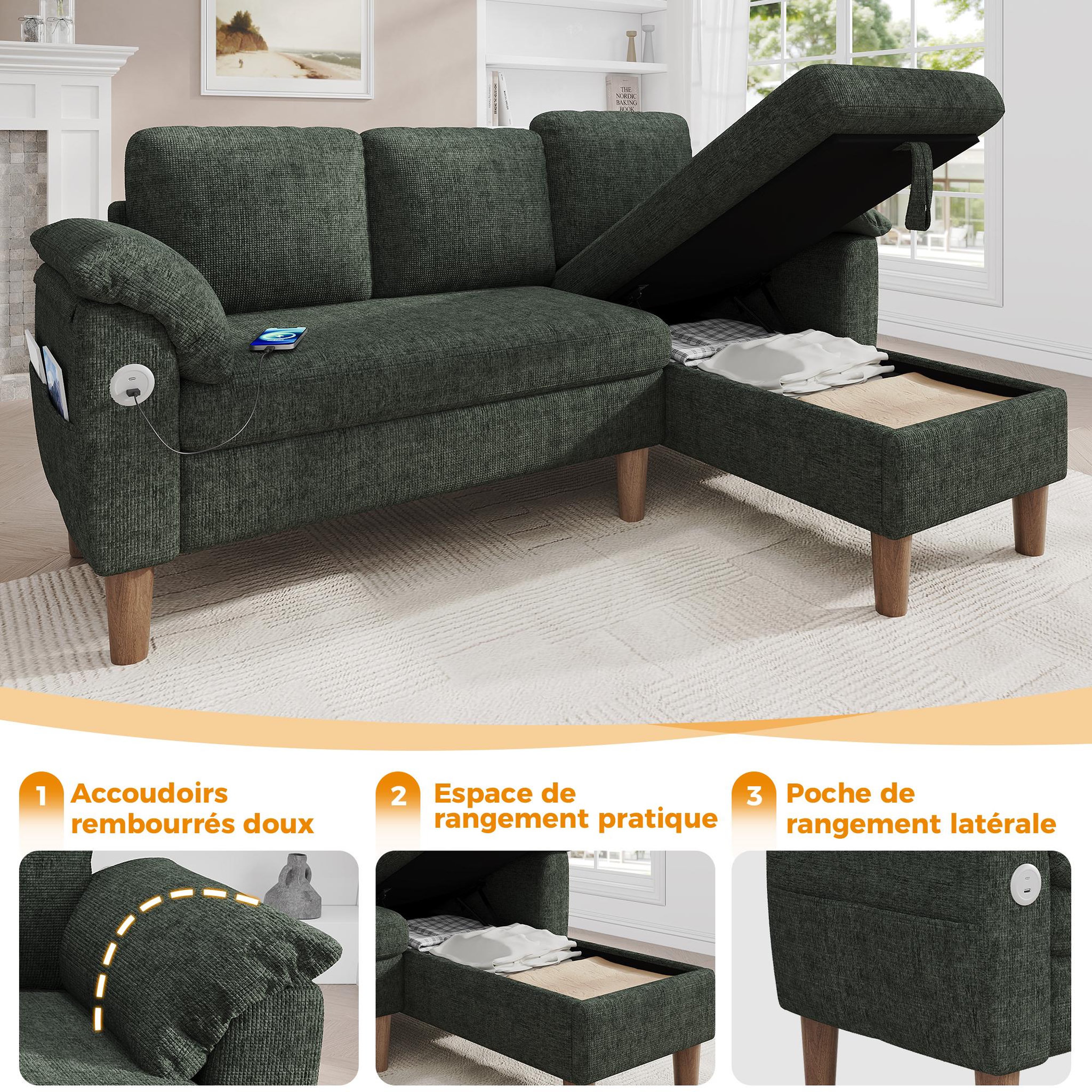 Voir la diapositive 5 : MERAX Canapé d'angle 3 places avec méridienne coffre tissu chenille usb type-c