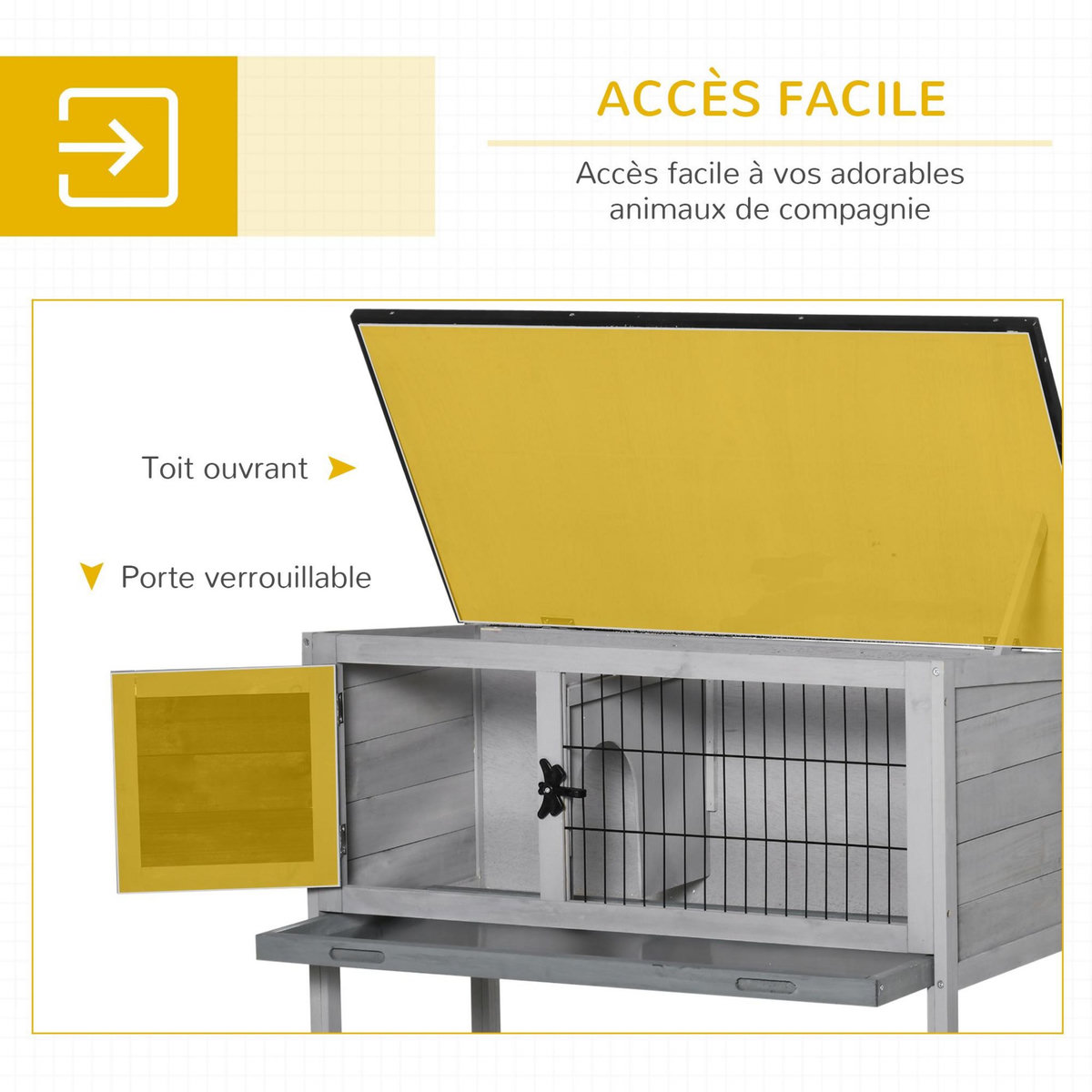 PAWHUT Clapier sur pied cage à lapin avec niche intérieure plateau excrément coulissant porte verrouillable toit ouvrant bois sapin gris