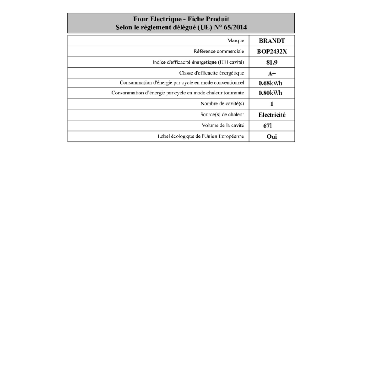 BRANDT Four intégrable multifonction 67l 60cm pyrolyse inox - BOP2432X