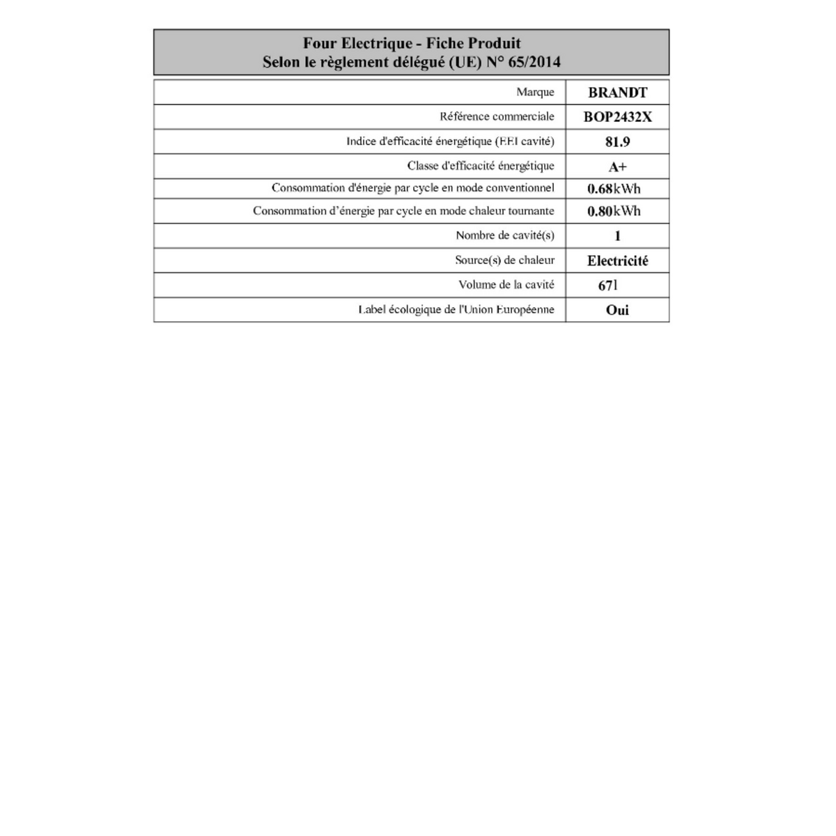 BRANDT Four intégrable multifonction 67l 60cm pyrolyse inox - BOP2432X