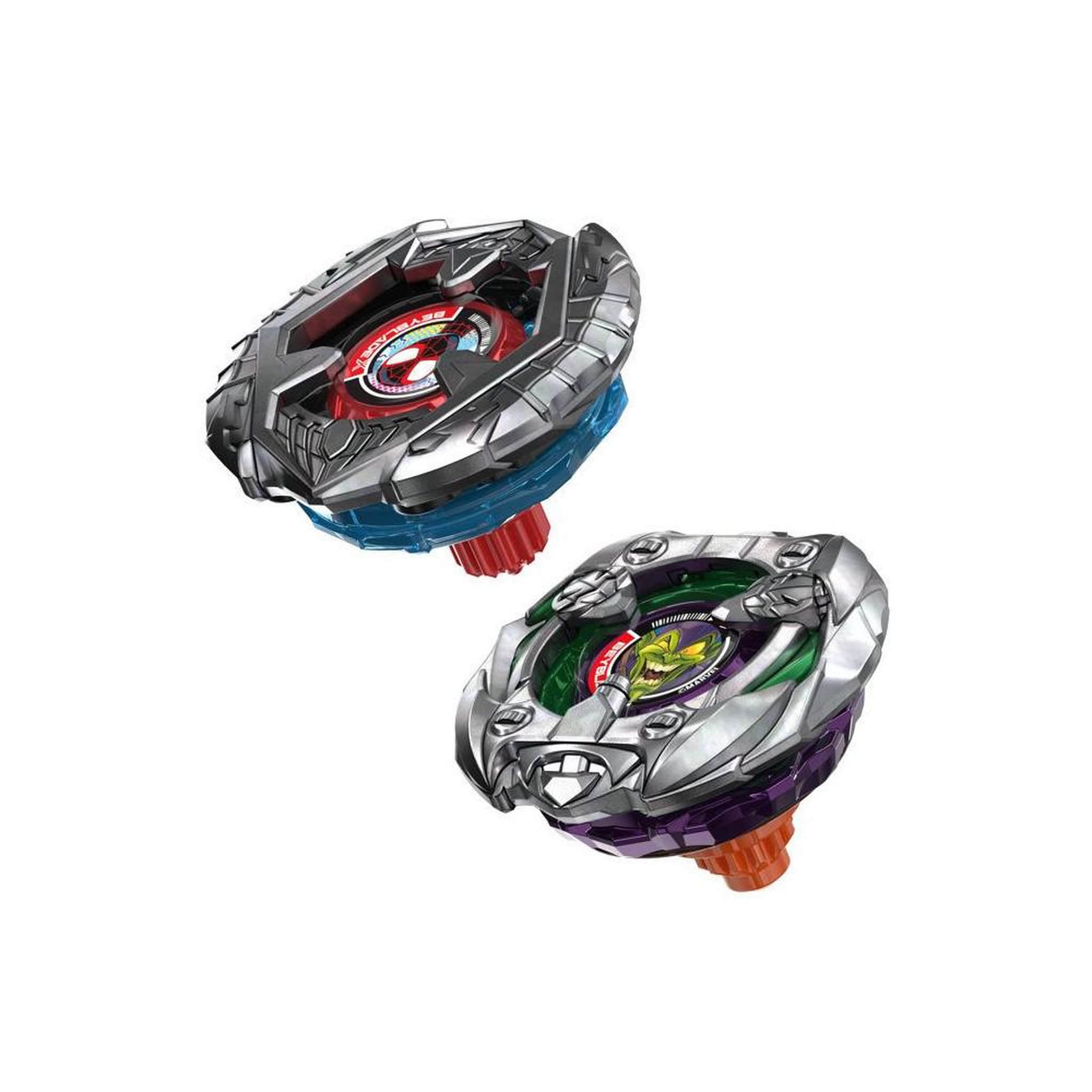 Voir la diapositive 3 : BEYBLADE Coffret beyblade x marvel miles morales 1-60gn vs green goblin 9-80ht, multipack 2 toupies rotation droite et 2 lanceurs, système x-acceleration