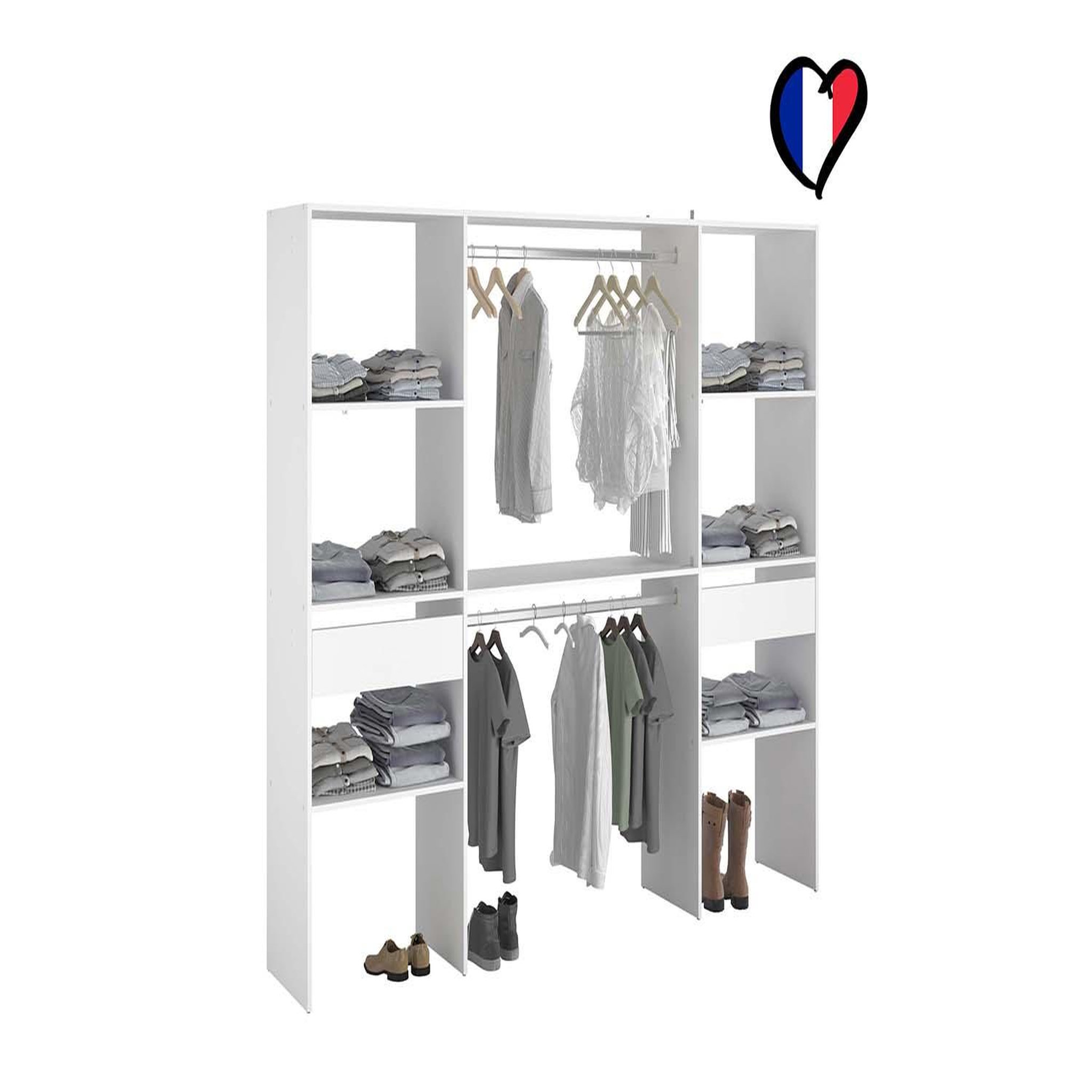 Voir la diapositive 3 : CONCEPT USINE Grand dressing blanc avec 2 penderies 6 étagères et 2 tiroirs elysee