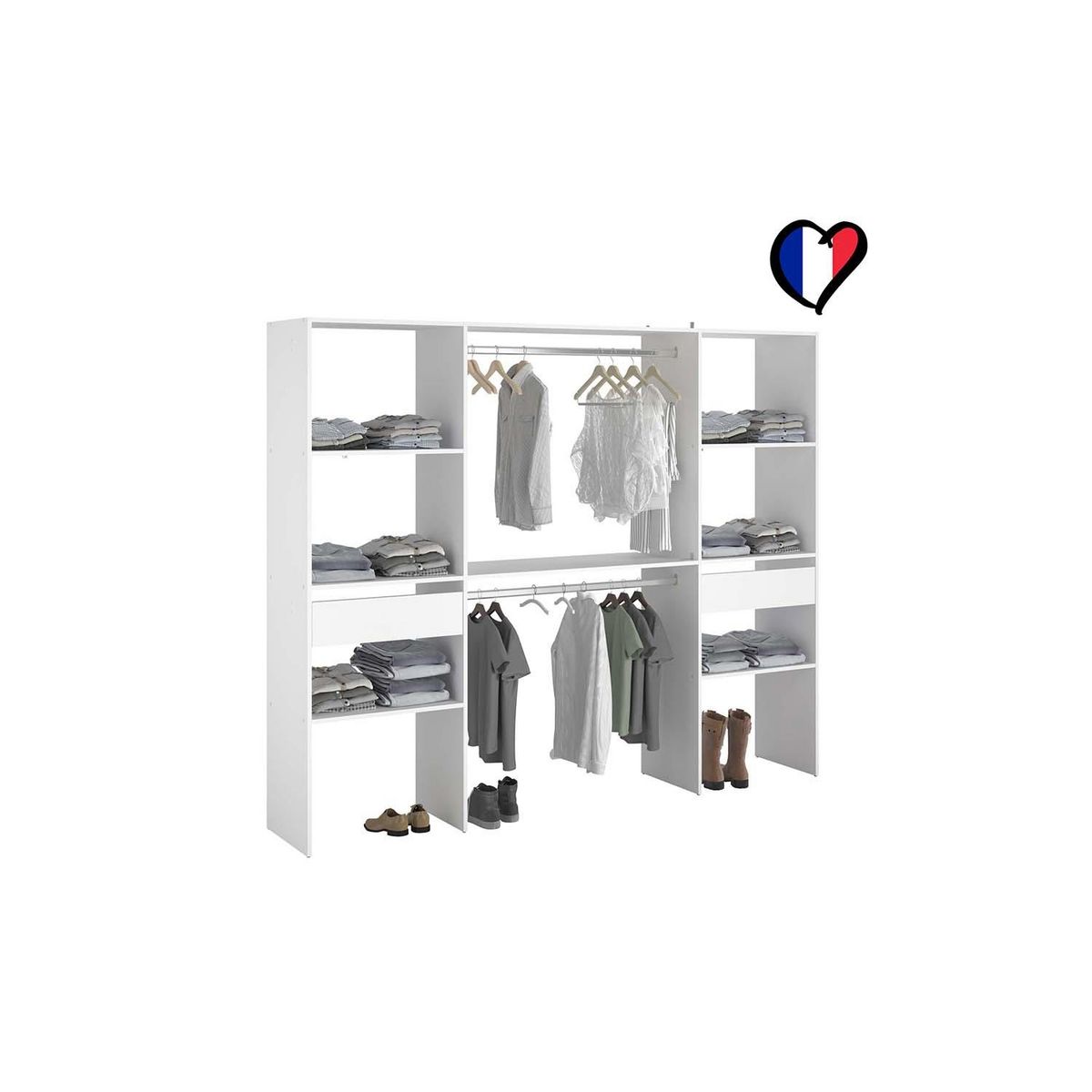 CONCEPT USINE Grand dressing blanc avec 2 penderies, 6 étagères et 2 tiroirs ELYSEE