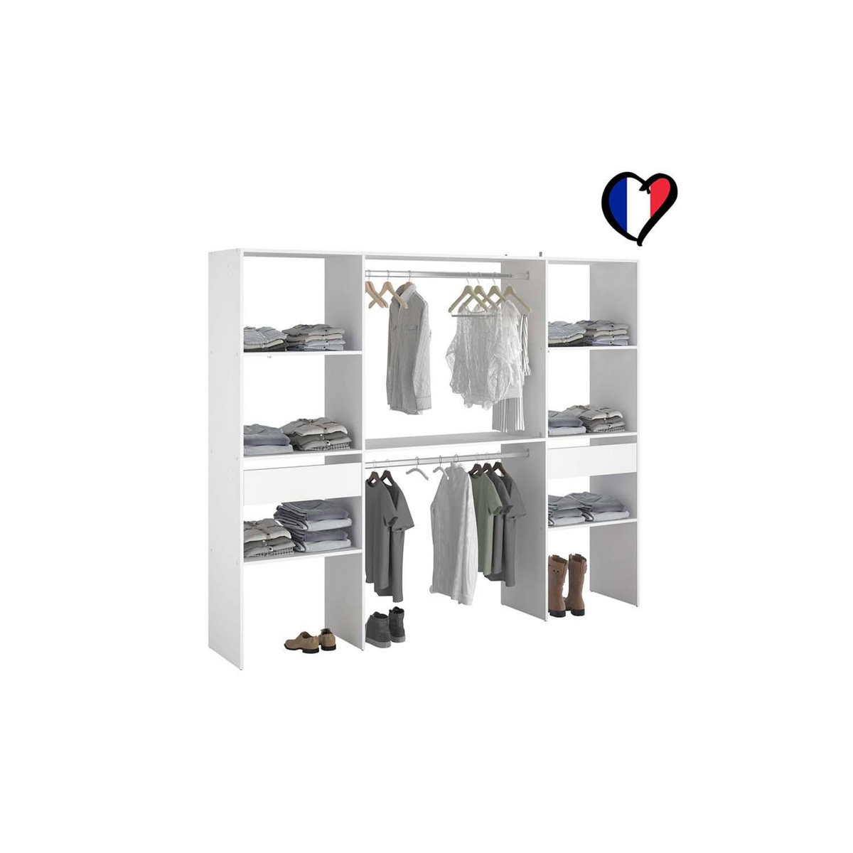 CONCEPT USINE Grand dressing blanc avec 2 penderies, 6 étagères et 2 tiroirs ELYSEE