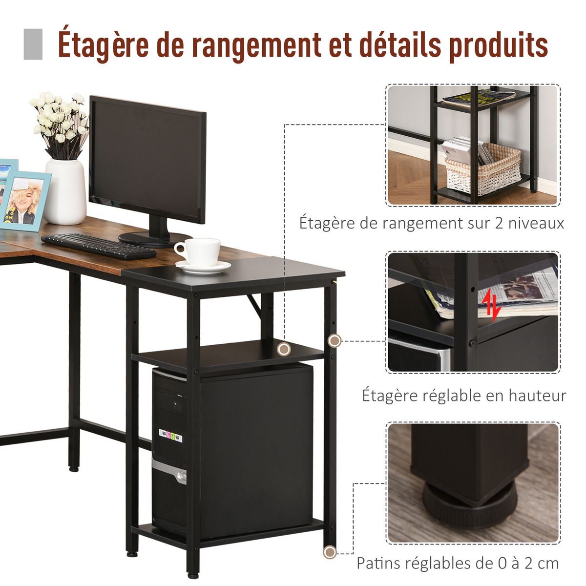 HOMCOM Bureau informatique design industriel bureau d'angle 2 tablettes support CPU imprimante aspect vieux bois métal noir