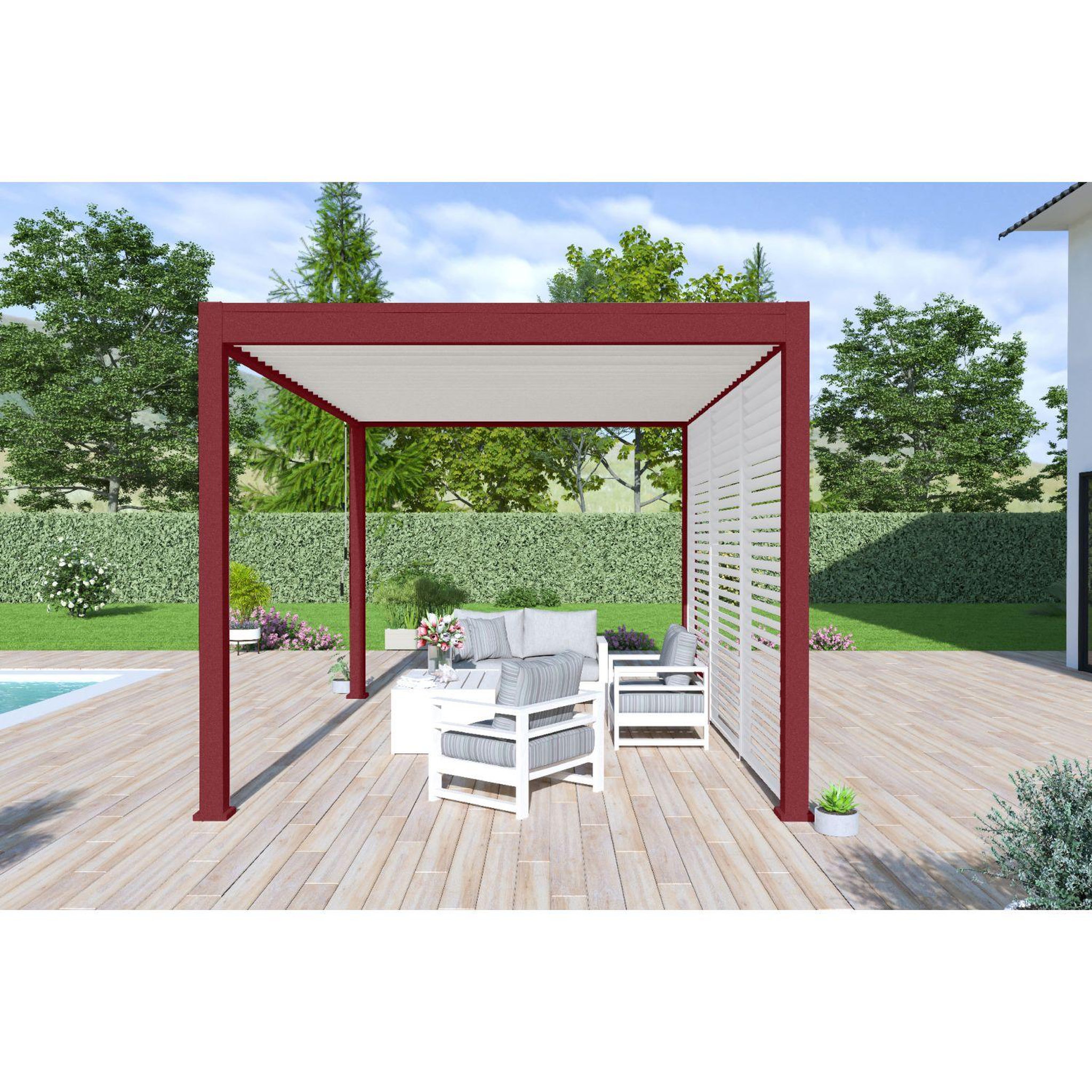 Voir la diapositive 6 : Pergola Bioclimatique autoportée 3x4 m - Aluminium - Rouge basque/blanc -  VS OmBREA®