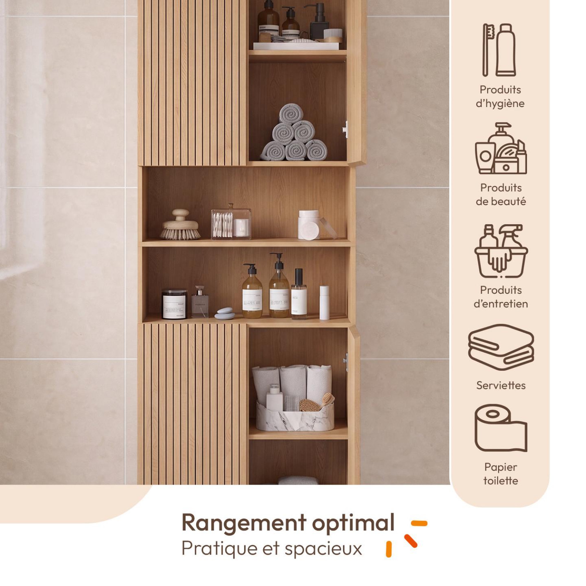 Voir la diapositive 3 : ID MARKET Meuble armoire colonne salle de bain VICTOR 4 portes 2 niches effet lattes