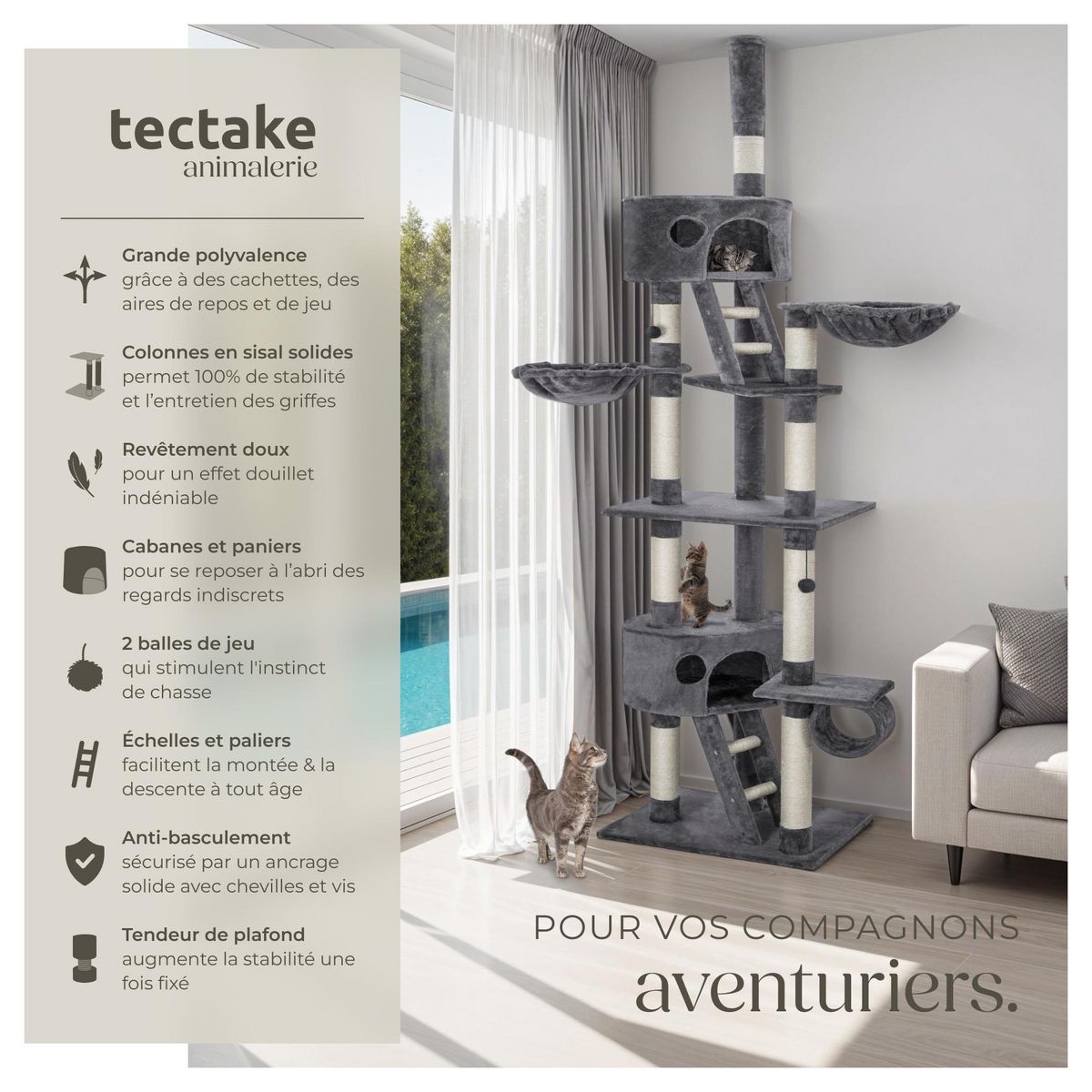 tectake Arbre à chat 243 à 260 cm avec griffoir et plateforme d'escalade gris