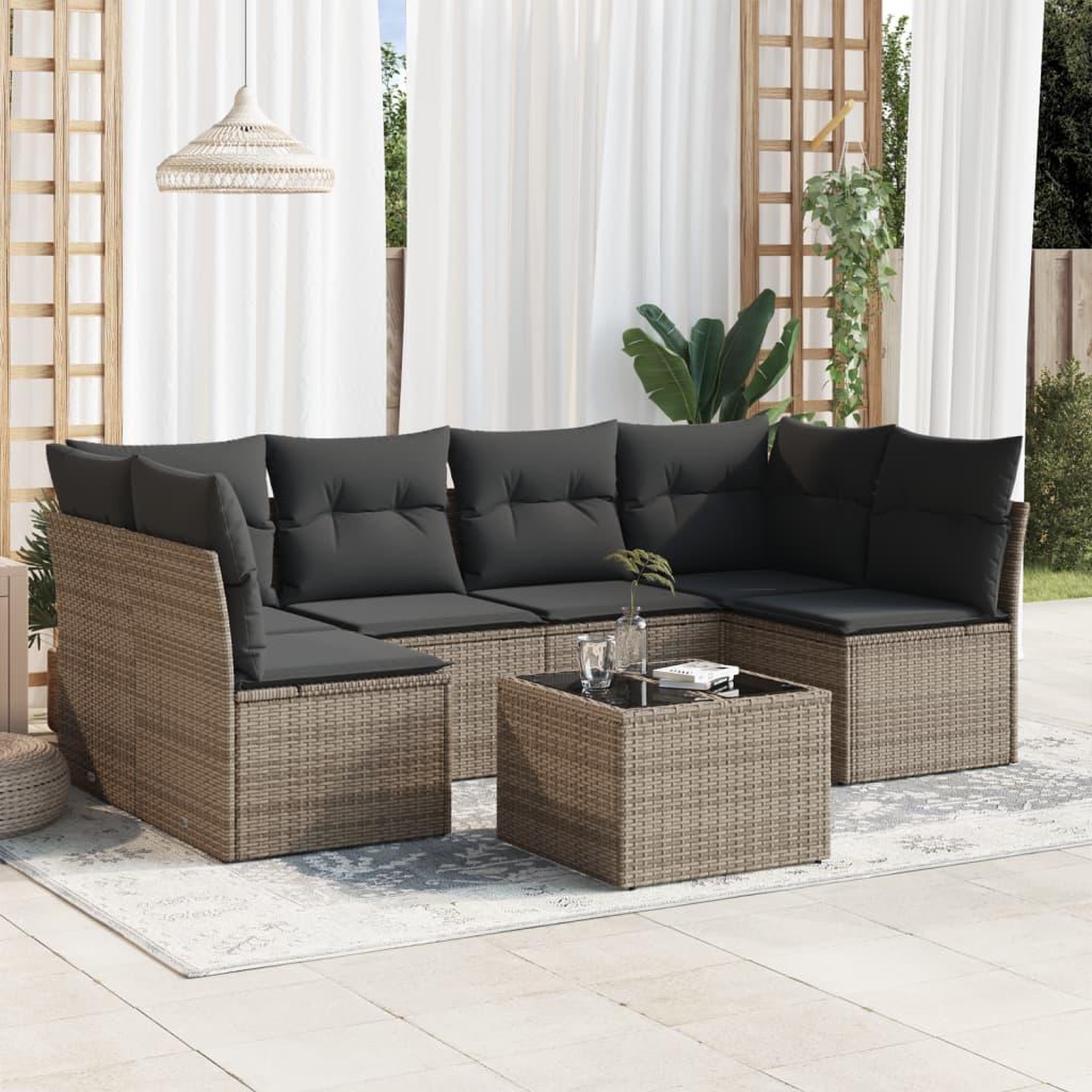 VIDAXL Salon de jardin avec coussins 7 pcs gris resine tressee