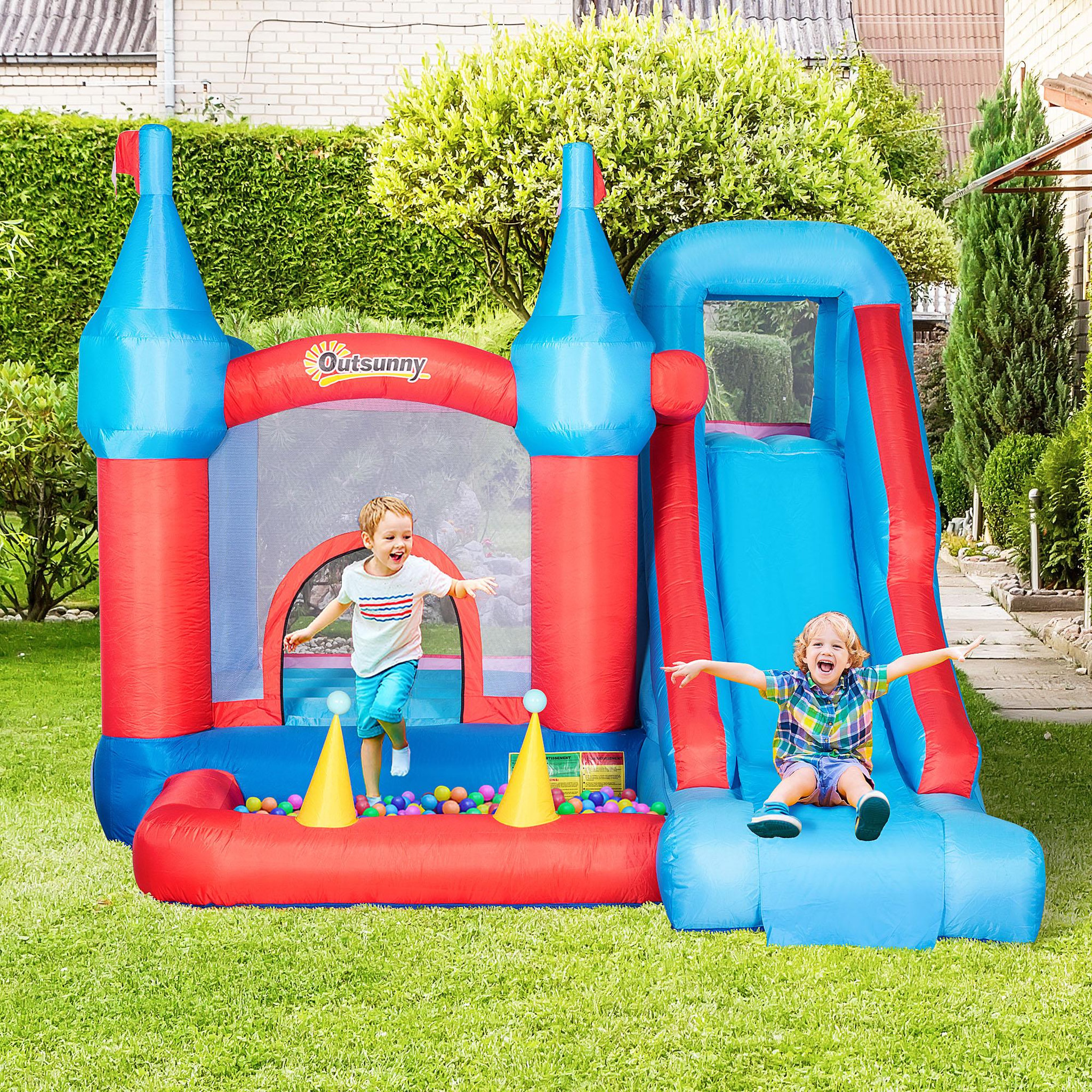 Voir la diapositive 2 : OUTSUNNY Château gonflable enfant - toboggan, trampoline, piscine, mur d'escalade - gonfleur, sac de transport inclus - dim. 3,33L x 2,8l x 2,1H m - polyester rouge bleu