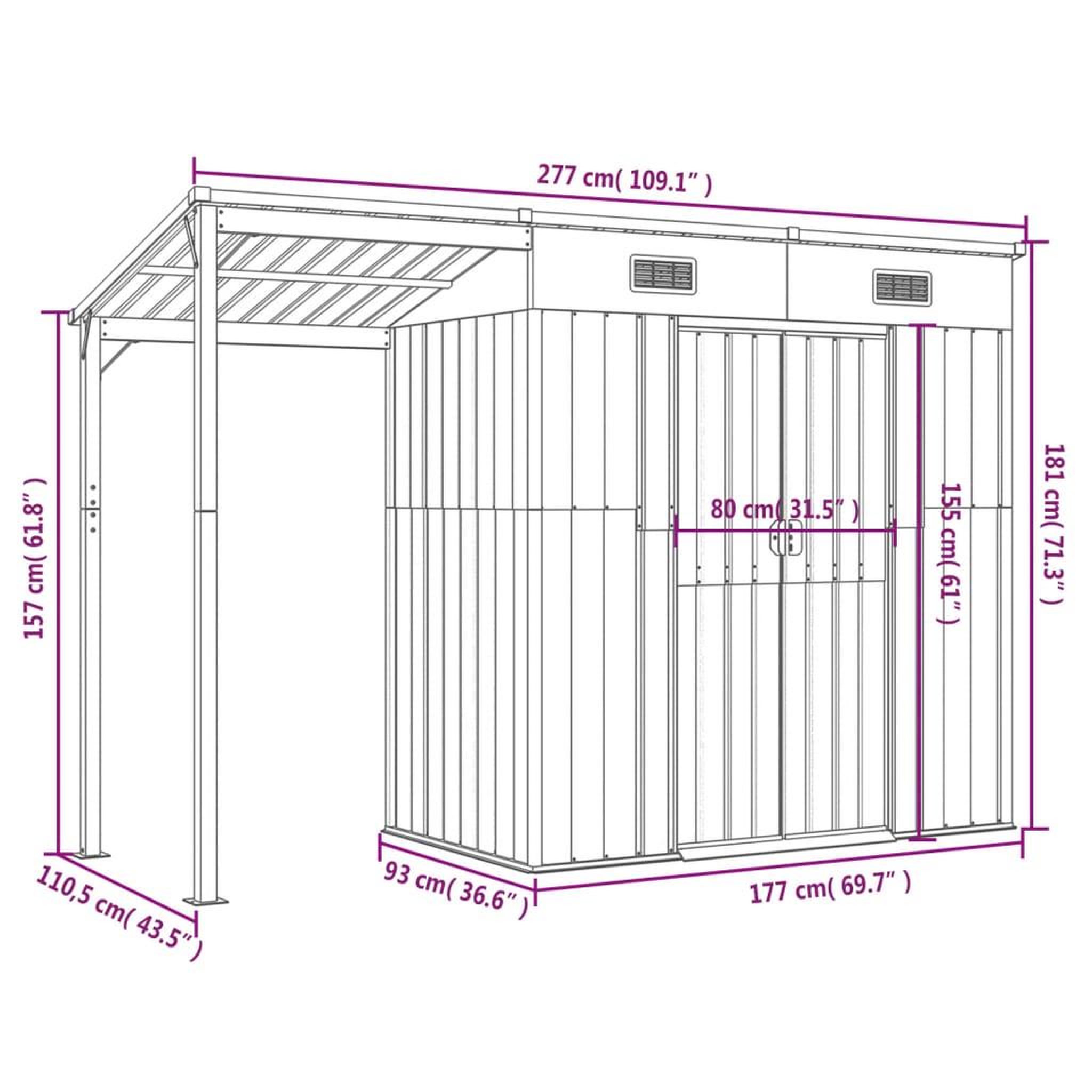 Voir la diapositive 6 : VIDAXL Abri de jardin avec toit prolonge vert 277x110,5x181 cm acier