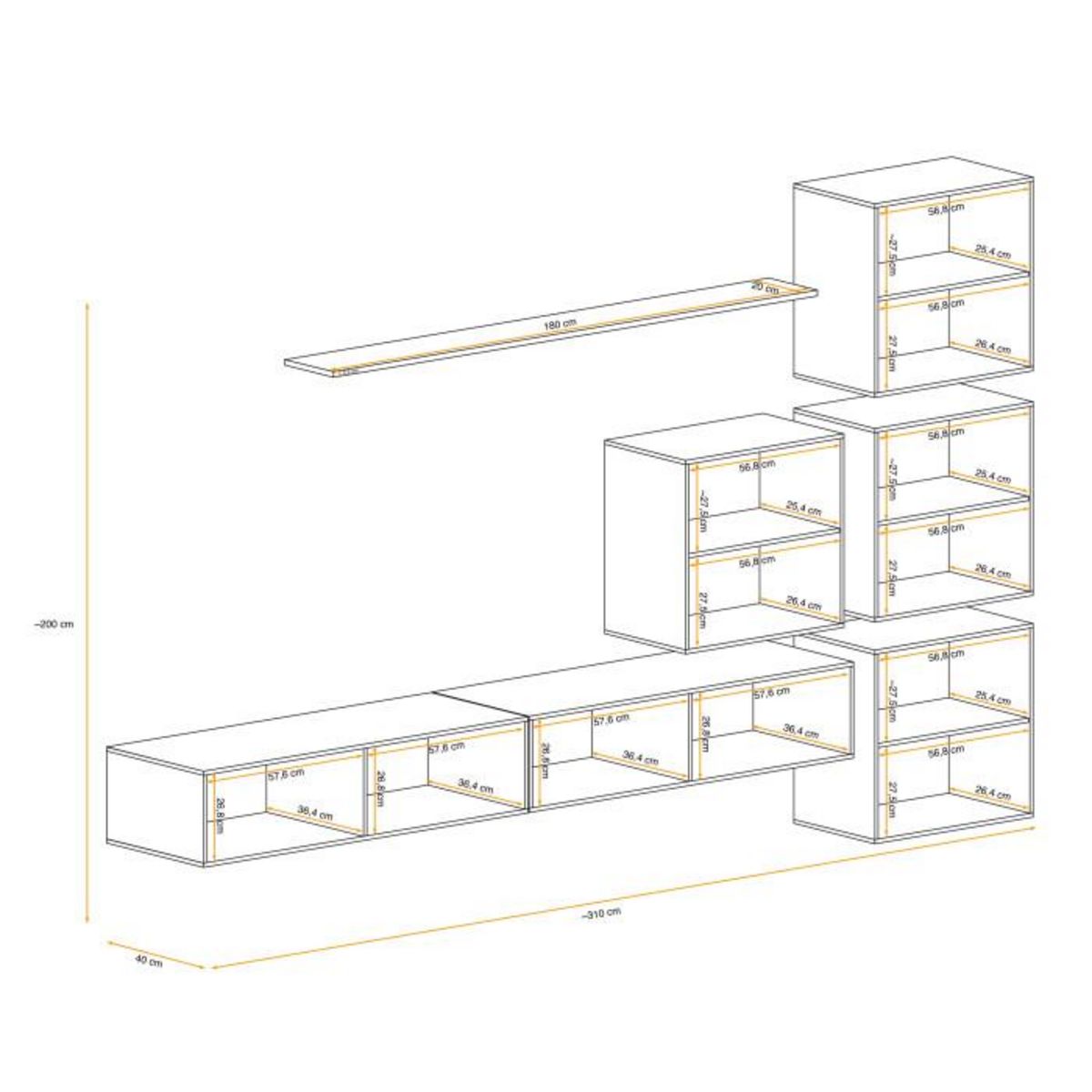 Paris Prix Meuble TV Mural Design  Switch IX  310cm Naturel & Blanc