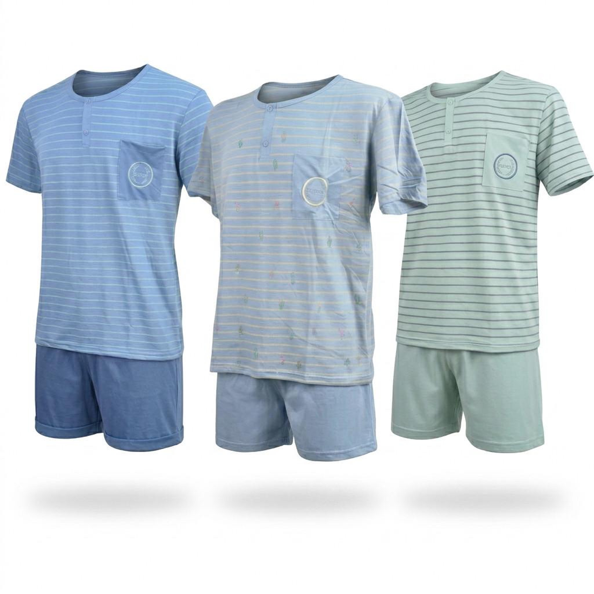 OZABI OZABI Pack 3 Pyjamas Courts Homme Coton Majoritaire, Col Bouton. Coloris disponibles : Bicolore