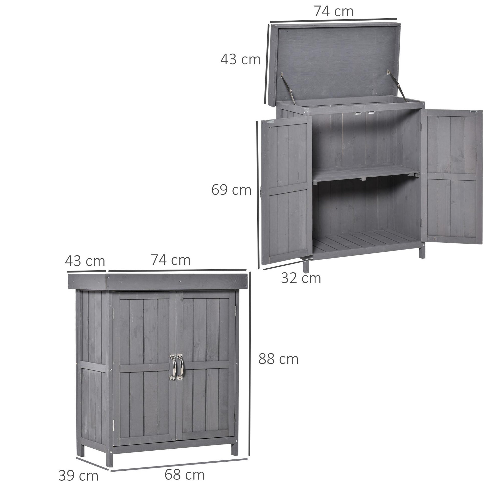 Voir la diapositive 3 : OUTSUNNY Armoire de jardin sur pied double porte étagère et toit bitumé relevable dim. 74L x 43l x 88H cm bois sapin gris