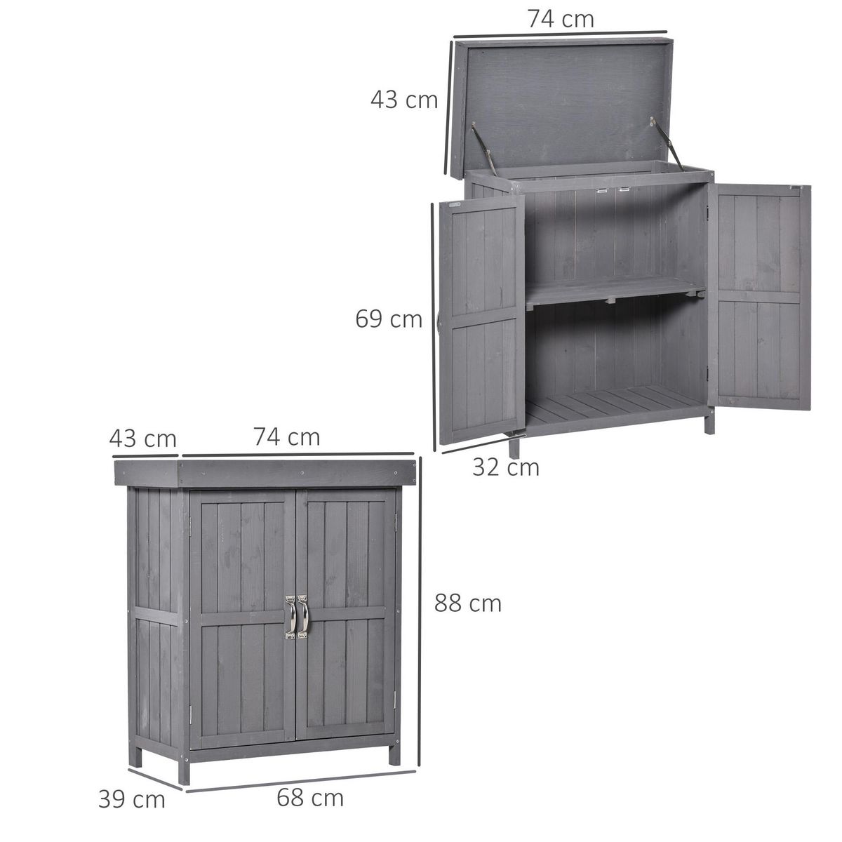 OUTSUNNY Armoire de jardin sur pied double porte étagère et toit bitumé relevable dim. 74L x 43l x 88H cm bois sapin gris