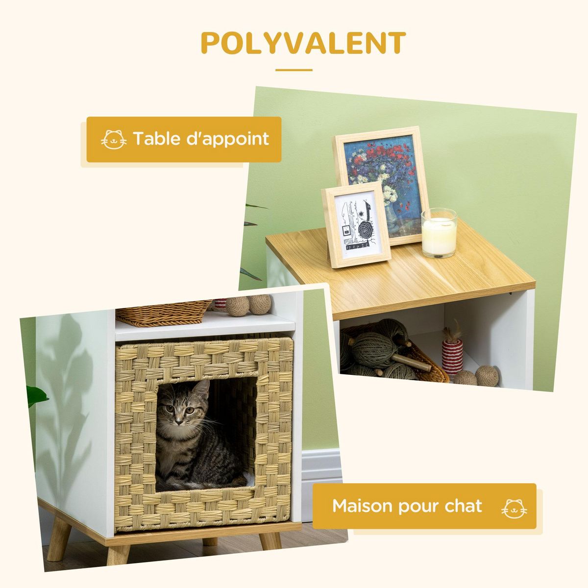 PAWHUT Maison pour chat rangement design scandinave - coussin peluche douce, niche panier rotin - panneaux blanc aspect chêne clair