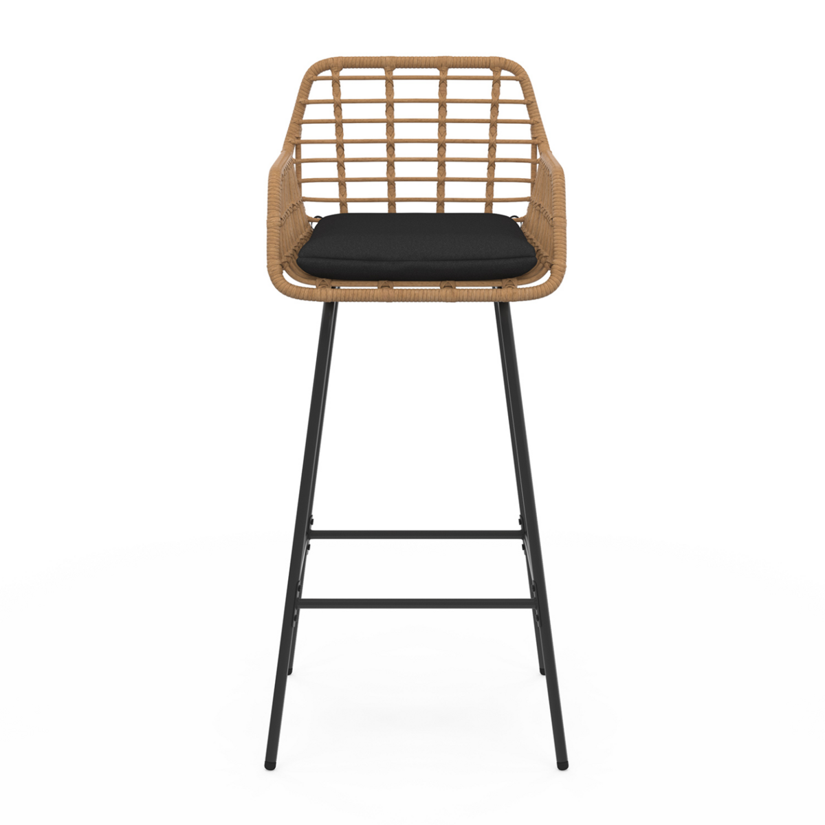 ID MARKET Lot de 2 tabourets de bar SUMMER effet rotin beige pied metal noir avec accoudoirs