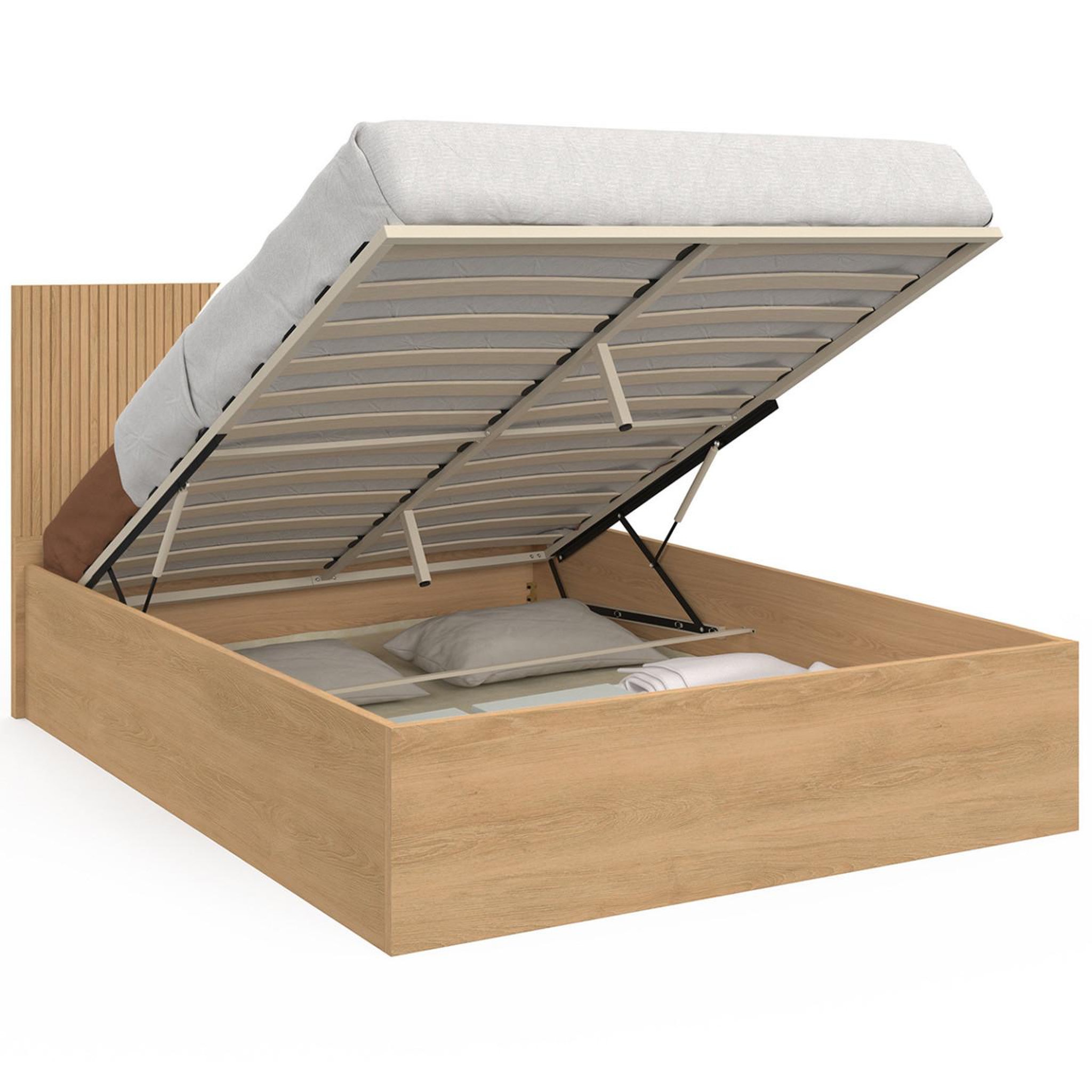 ID MARKET Lit coffre double seaside avec tête de lit juliette et sommier 140 x 190 cm effet lattes et bois