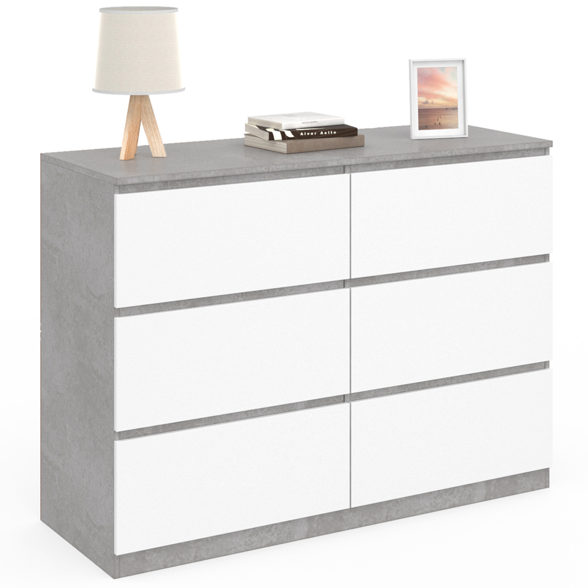 ID MARKET Commode 6 tiroirs tomi 110 cm blanc et effet béton