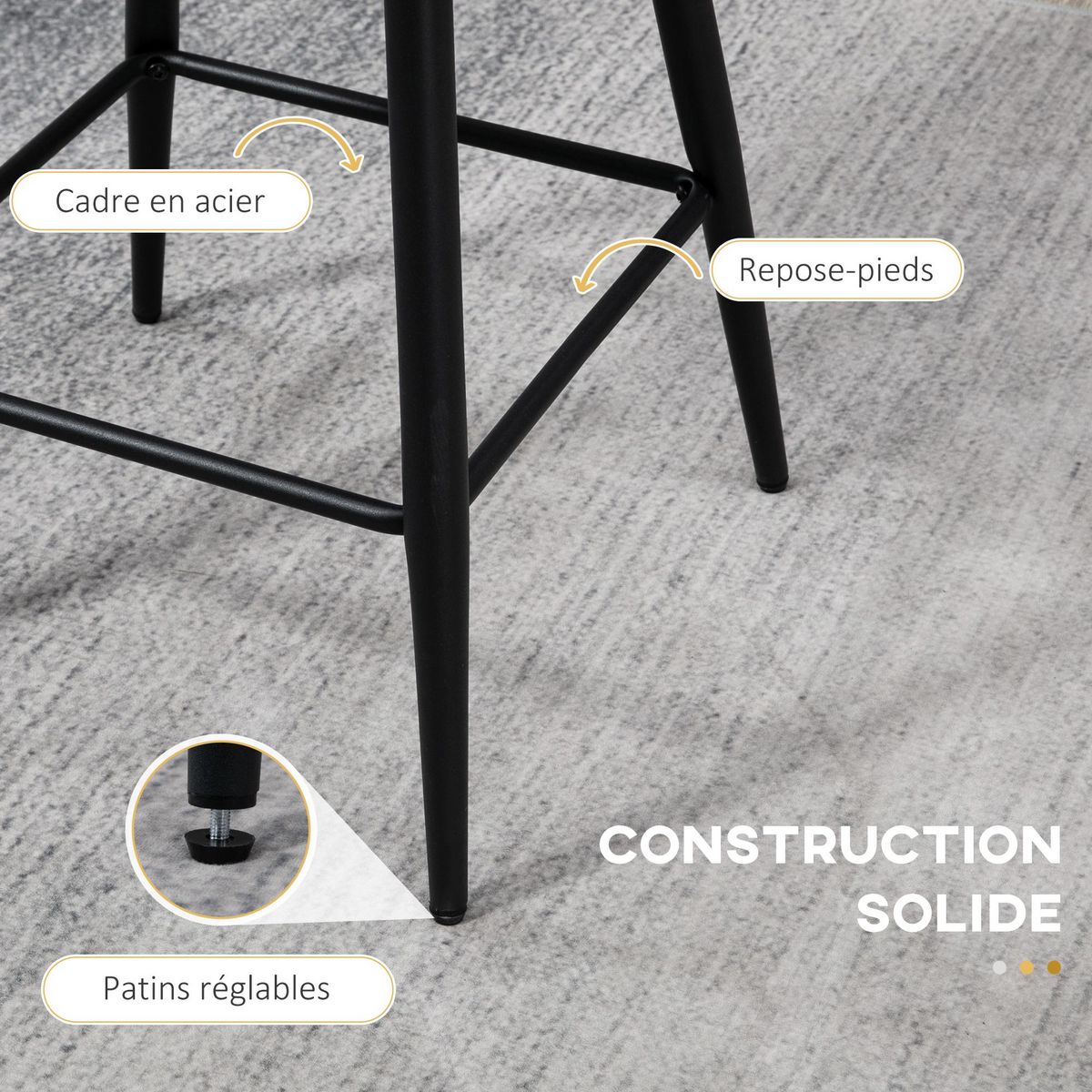 HOMCOM Lot de 2 tabourets de bar design contemporain - repose-pied - acier noir revêtement effet laine bouclée blanc