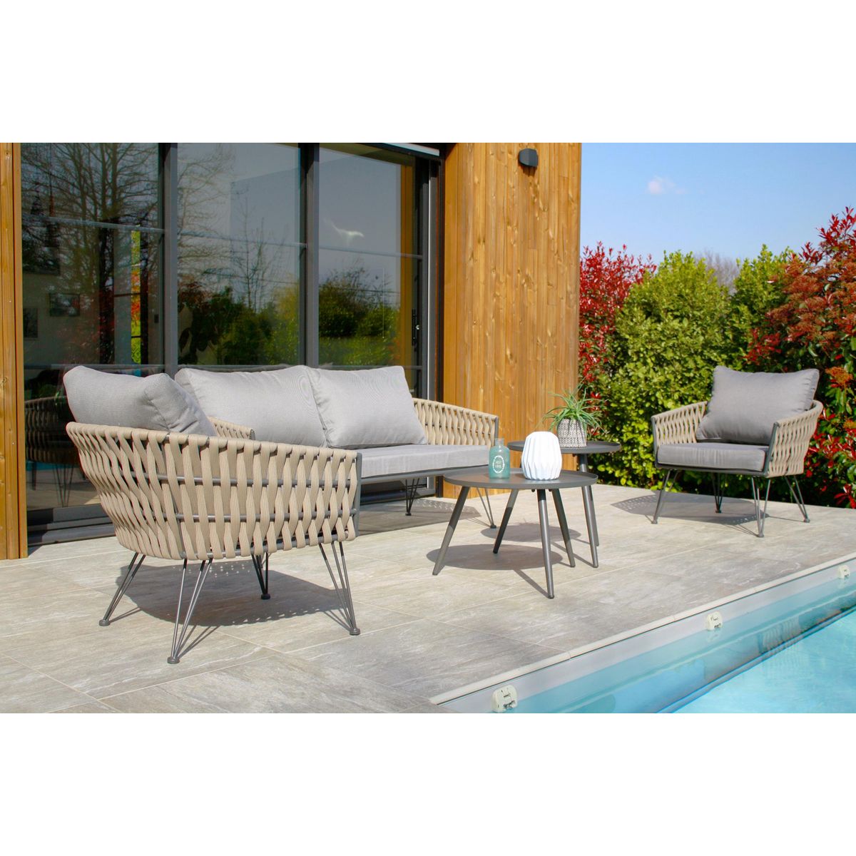 DCB GARDEN Salon bas de jardin en corde tissé taupe et anthracite  4 places CAPRI