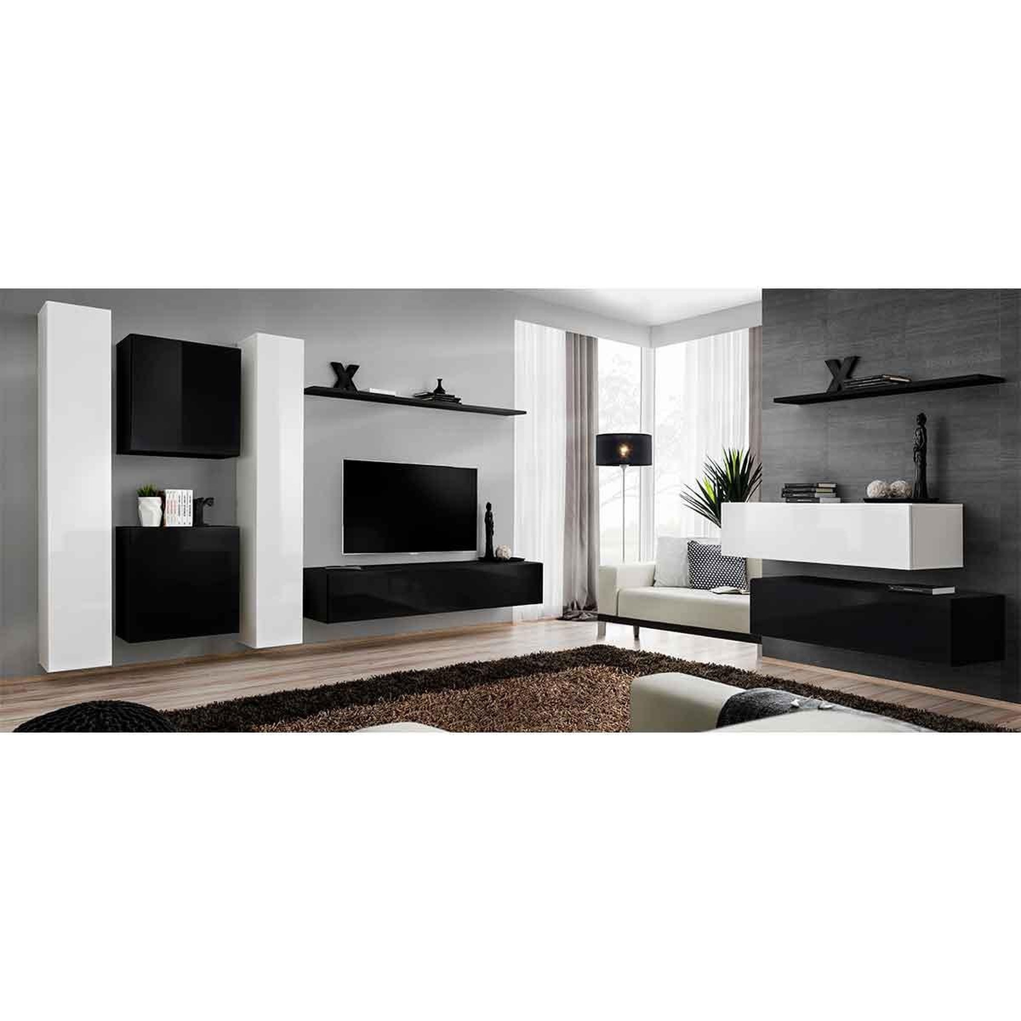Voir la diapositive 2 : Paris Prix Meuble tv mural design  switch vi  330cm blanc & noir