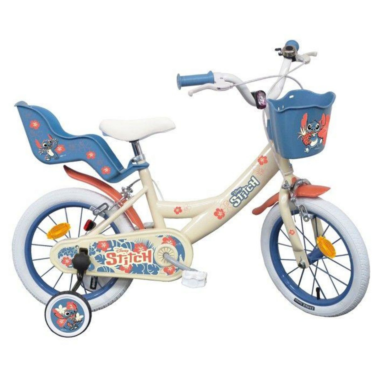 DISNEY Vélo enfant  - Modèle 14'' STITCH / DISNEY (Taille de l'enfant 90 cm à 105 cm) équipé de 2 freins, panier, porte poupée et stabilisateurs.
