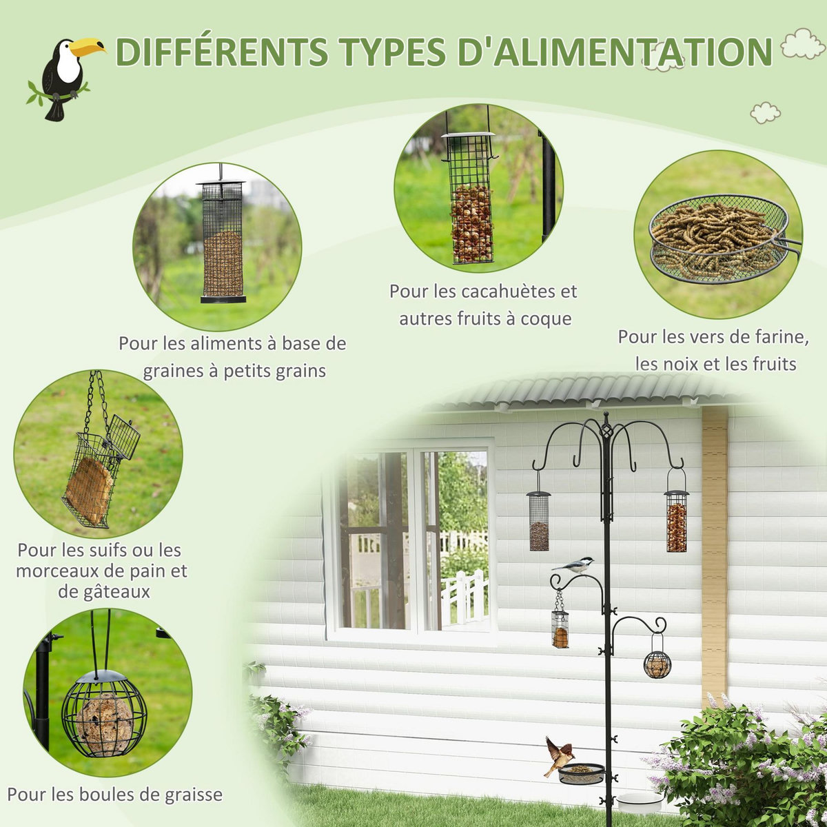 PAWHUT Mangeoire à oiseaux complet H.2,26 m style rustique chic - 6 crochets réglables, 4 mangeoires, plateau d'alimentation, grand bain, 4 piquets d'ancrage au sol - acier époxy aspect fer forgé
