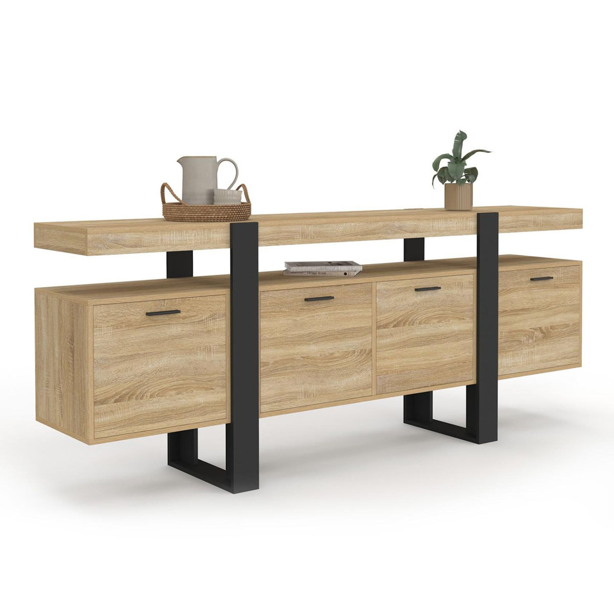 ID MARKET Buffet enfilade 200 cm PHOENIX XXL 4 portes avec niche bois et noir