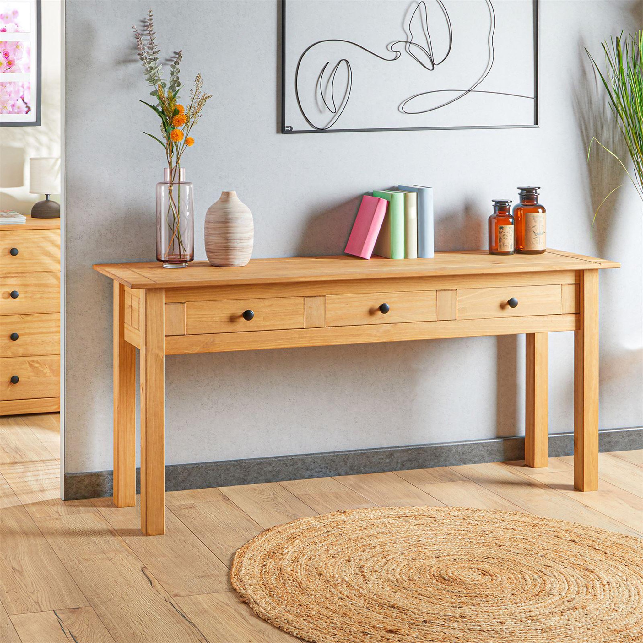 Voir la diapositive 2 : IDIMEX Table console CANCUN meuble d'appoint en bois avec 3 tiroirs, en pin massif finition teintée/cirée