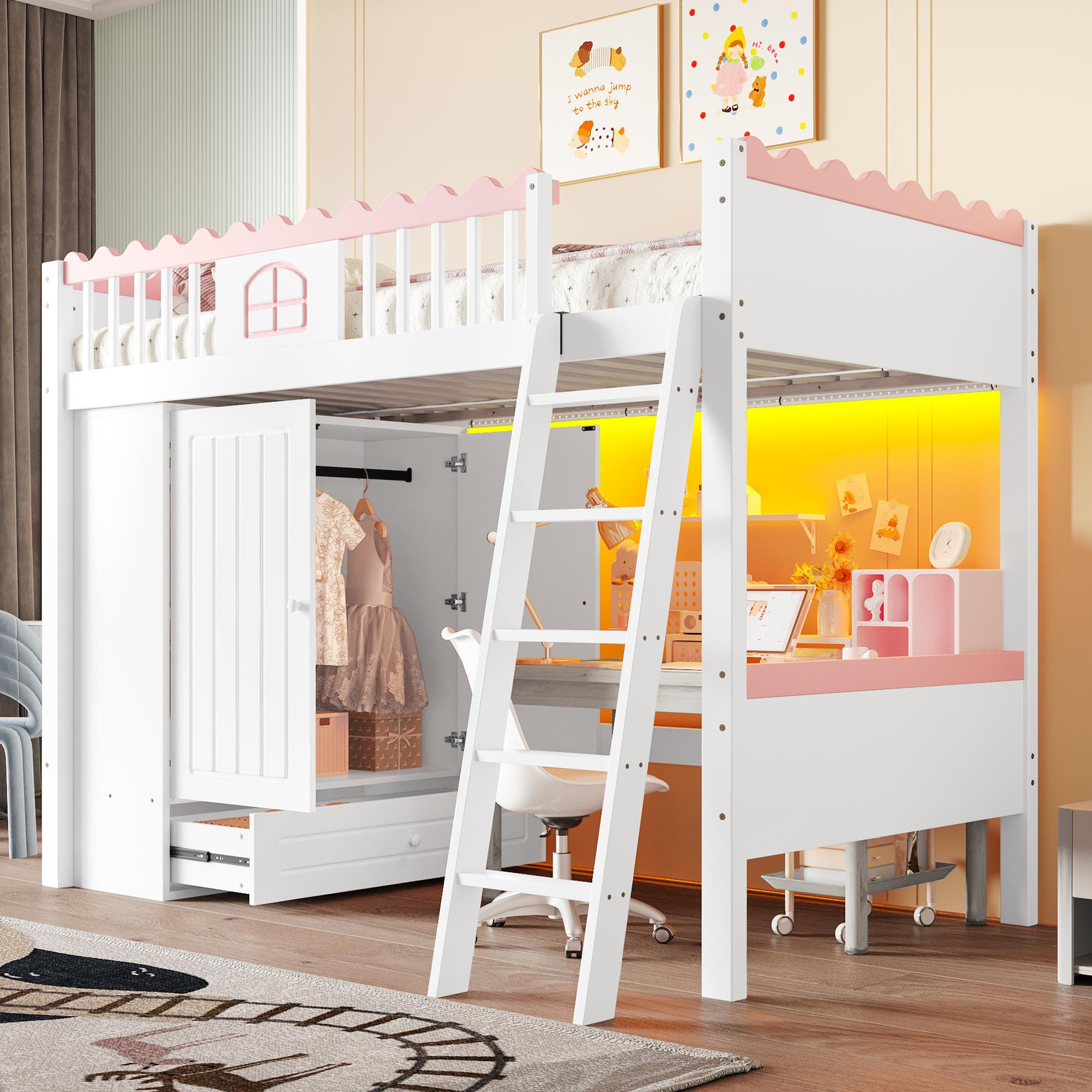 Voir la diapositive 4 : MERAX Lit combiné enfant 90x200cm pin coloris blanc et rose