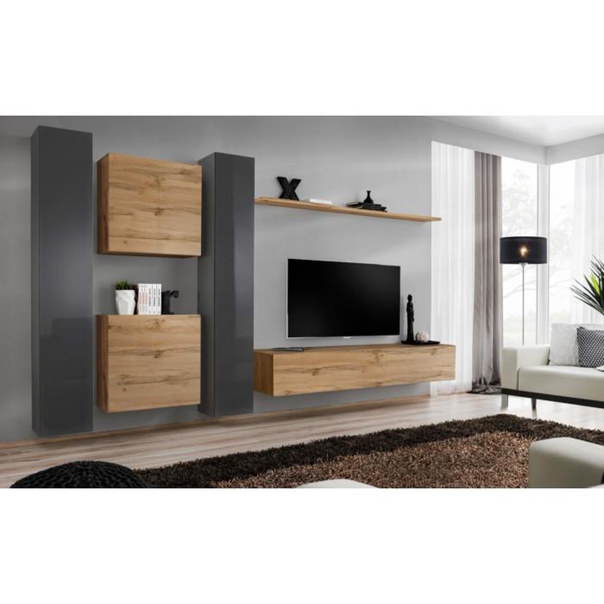 Voir la diapositive 2 : Paris Prix Meuble TV Mural Design  Switch VI  330cm Gris & Naturel