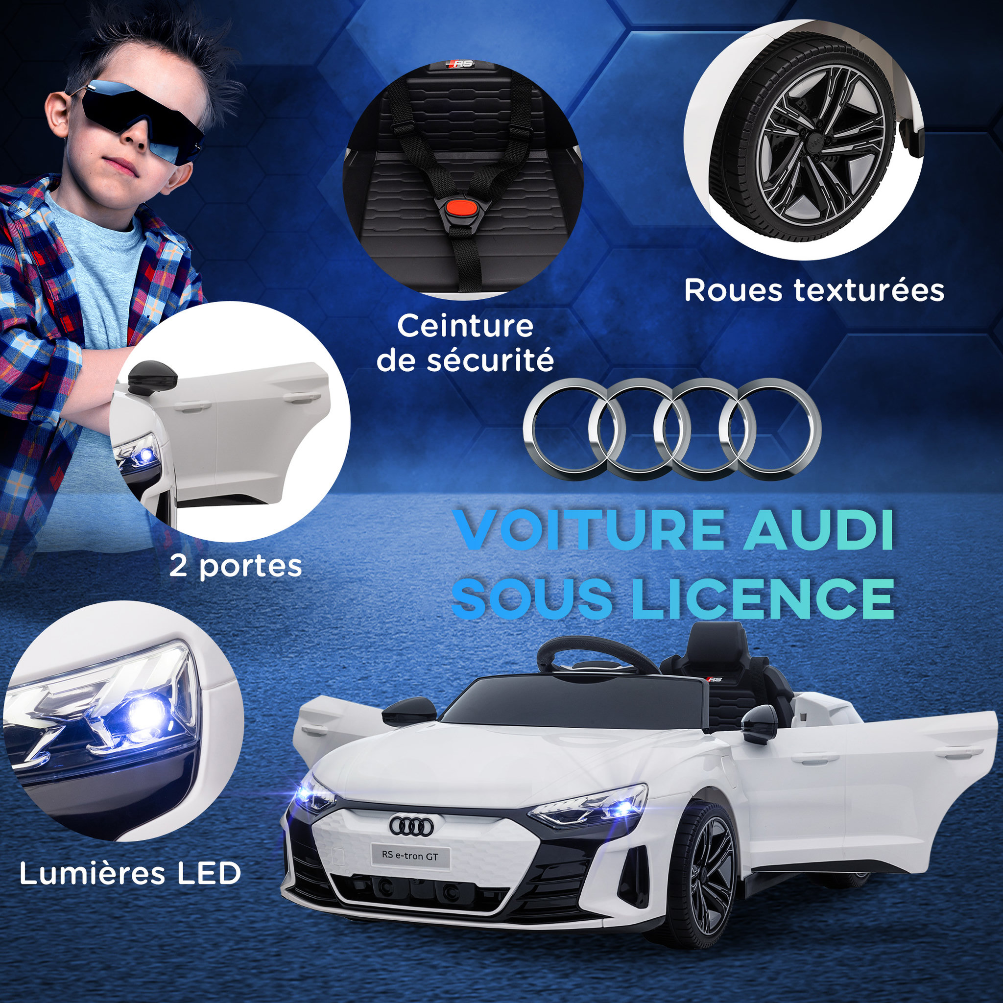 Voir la diapositive 5 : HOMCOM Véhicule électrique enfant Audi RS e-tron GT V. max. 5 Km/h télécommande effets sonores + lumineux blanc