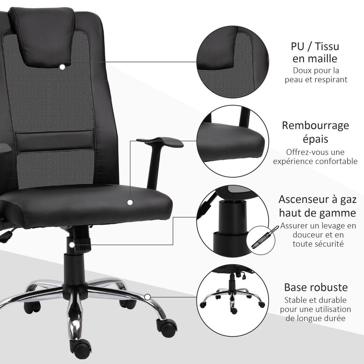 HOMCOM Fauteuil de bureau ergonomique hauteur assise réglable pivotant 360° revêtement synthétique et maille noir