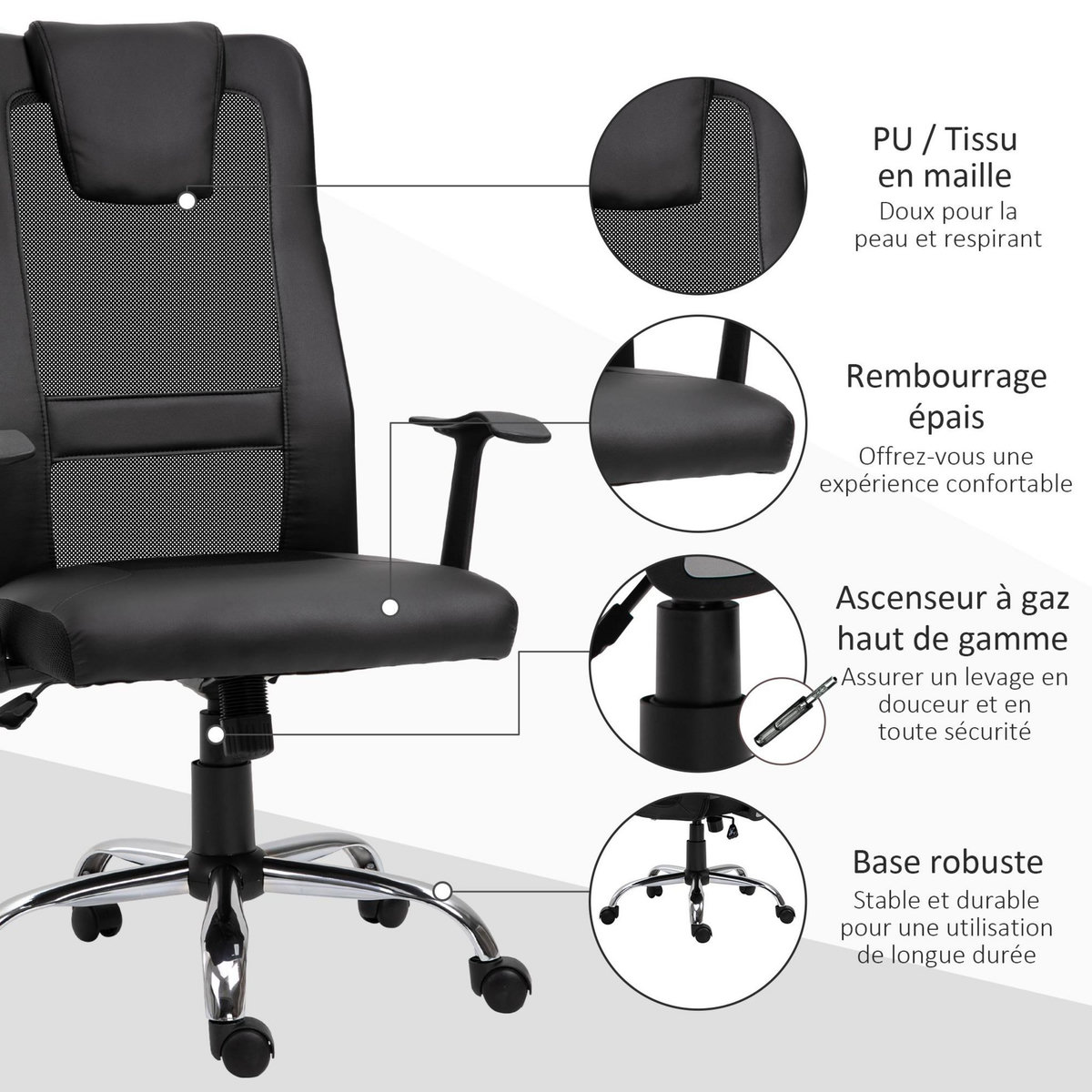 HOMCOM Fauteuil de bureau ergonomique hauteur assise réglable pivotant 360° revêtement synthétique et maille noir