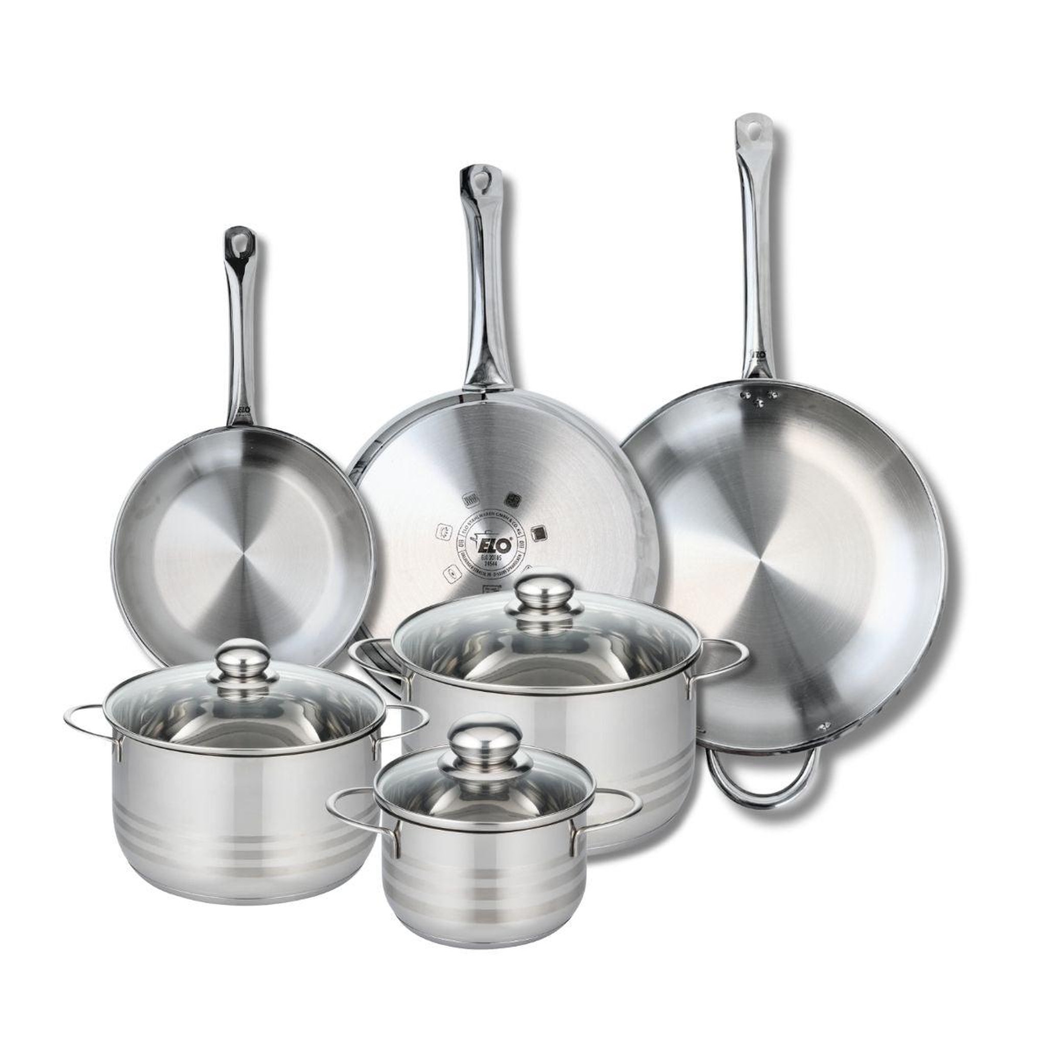 ELO Ensemble de 3 poêles de cuisson 24, 28 et 32 cm et 3 faitouts 16, 20 et 24 cm elo profi brillant