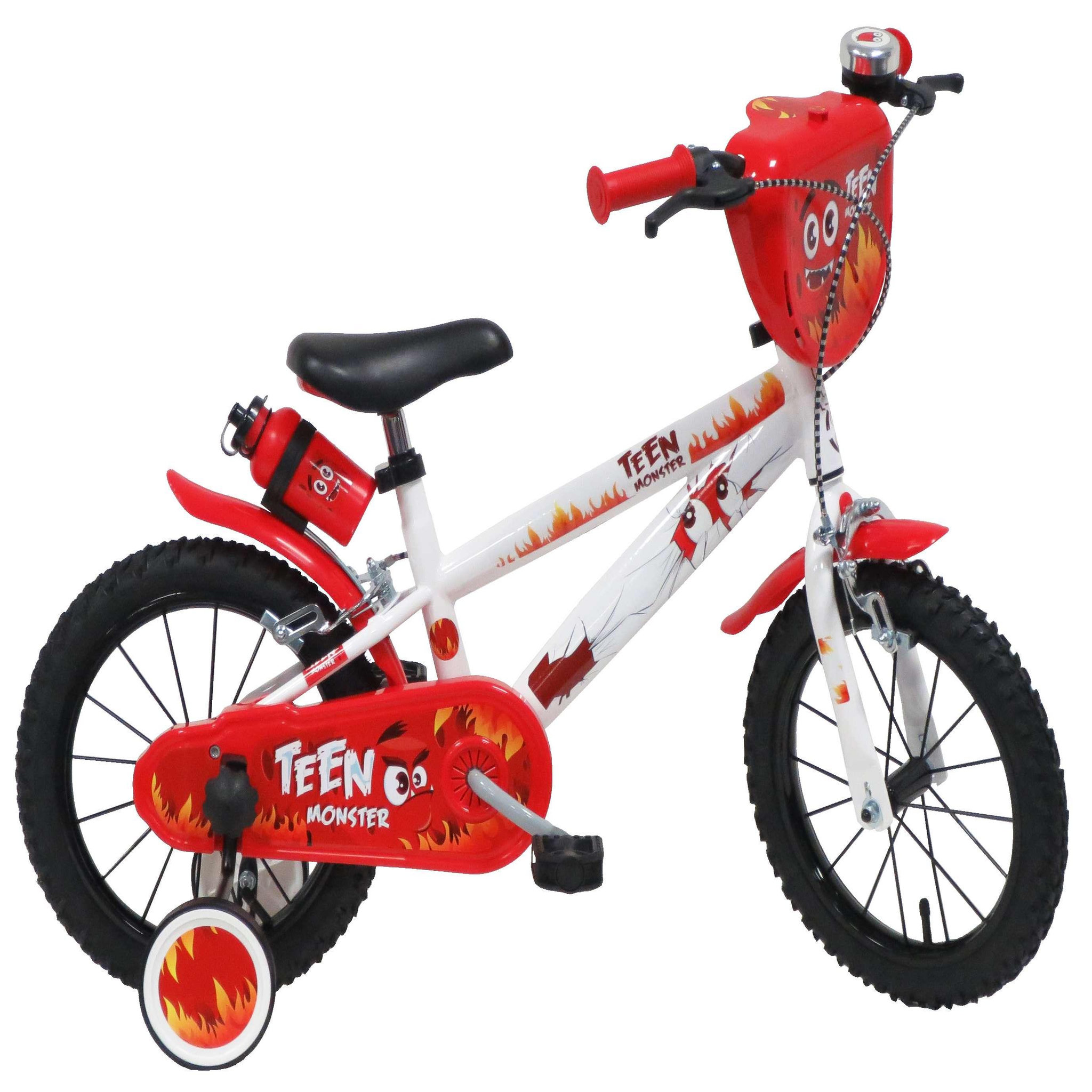 Vélo enfant - Modème 14'' Teen Monster pour enfant de 95/110 cm avec stabilisateurs - Plaque décorative avant - Porte bidon - 2 freins