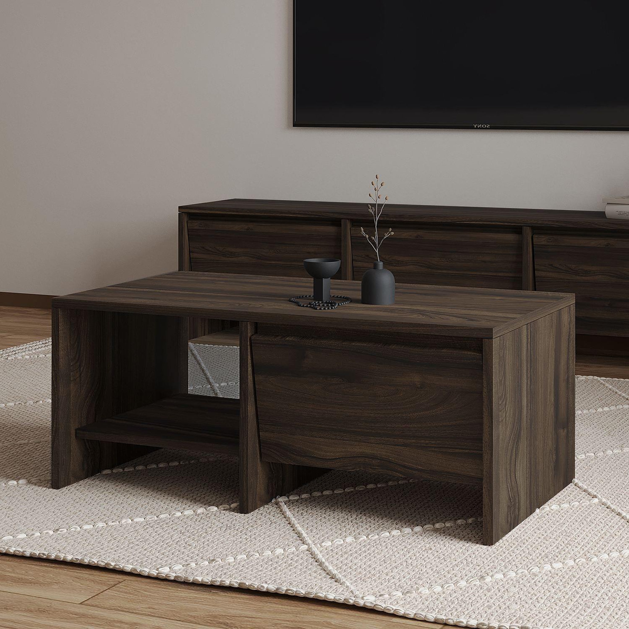 Voir la diapositive 2 : Habitat et Jardin Table basse en bois  laris  - 90 x 45 x 35 cm - marron