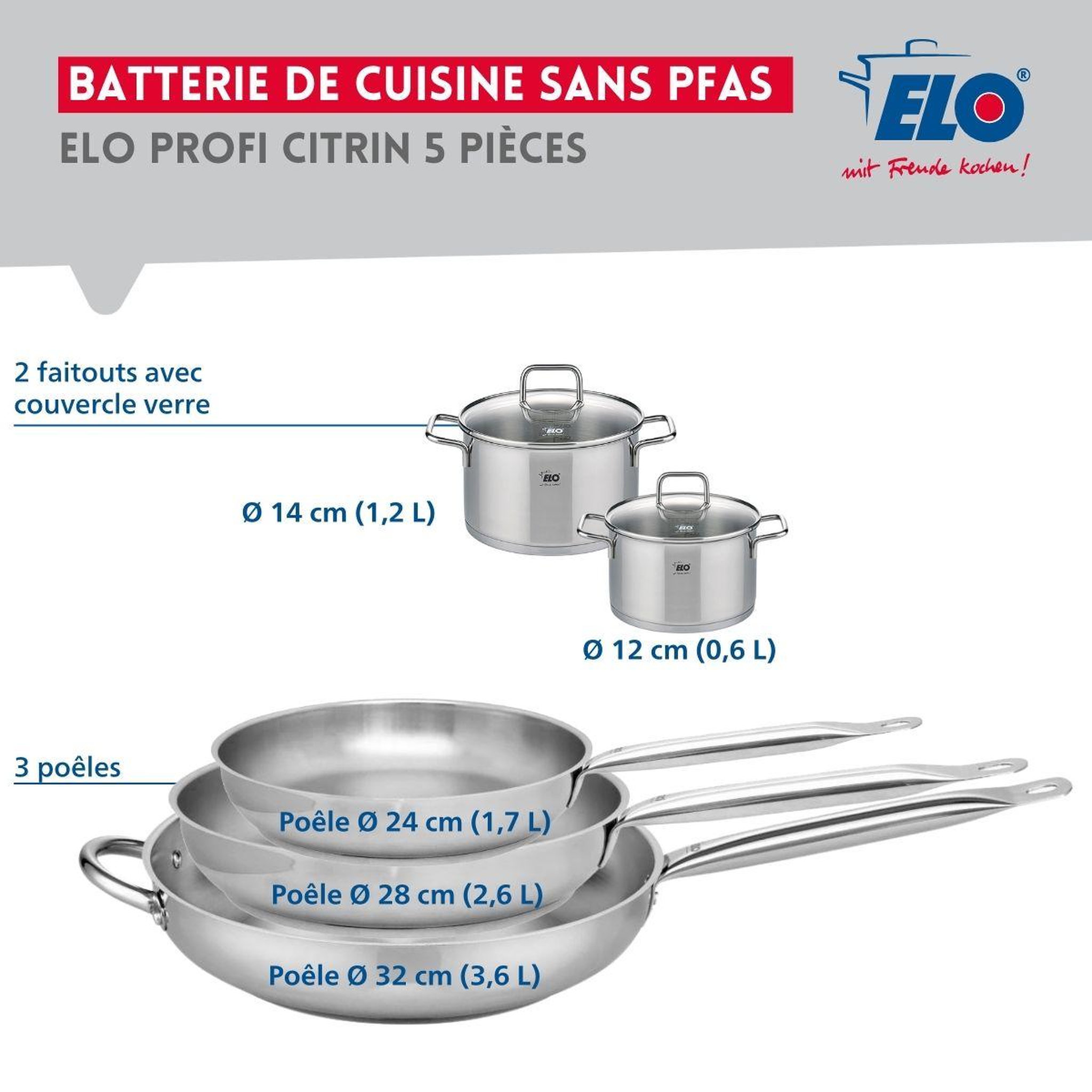Voir la diapositive 2 : ELO Ensemble de 3 poêles de cuisson 24, 28 et 32 cm et 2 faitouts 12 et 14 cm elo profi citrin