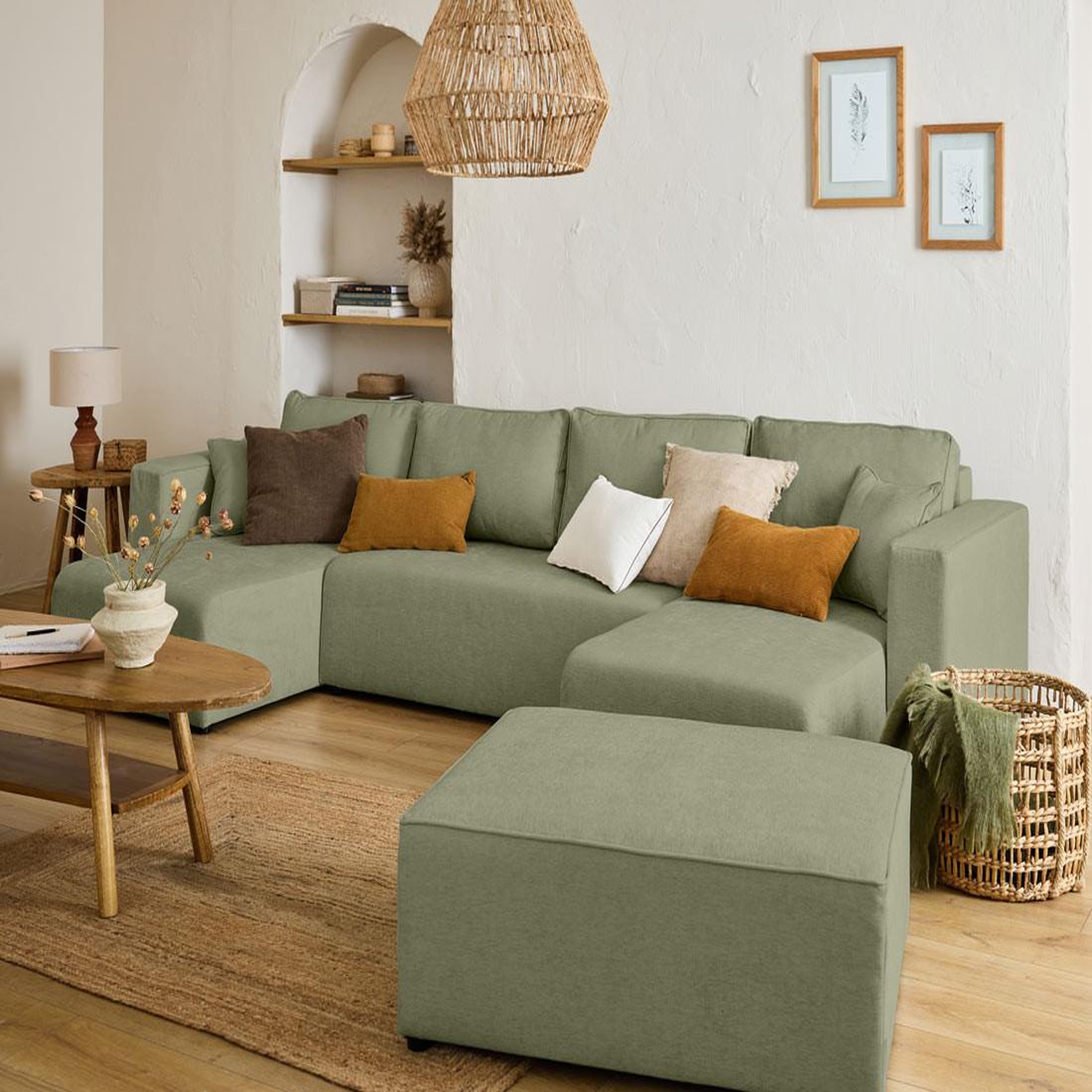 Voir la diapositive 2 : BEST MOBILIER Topaze - canapé panoramique - 7 places - convertible avec coffre - en tissu