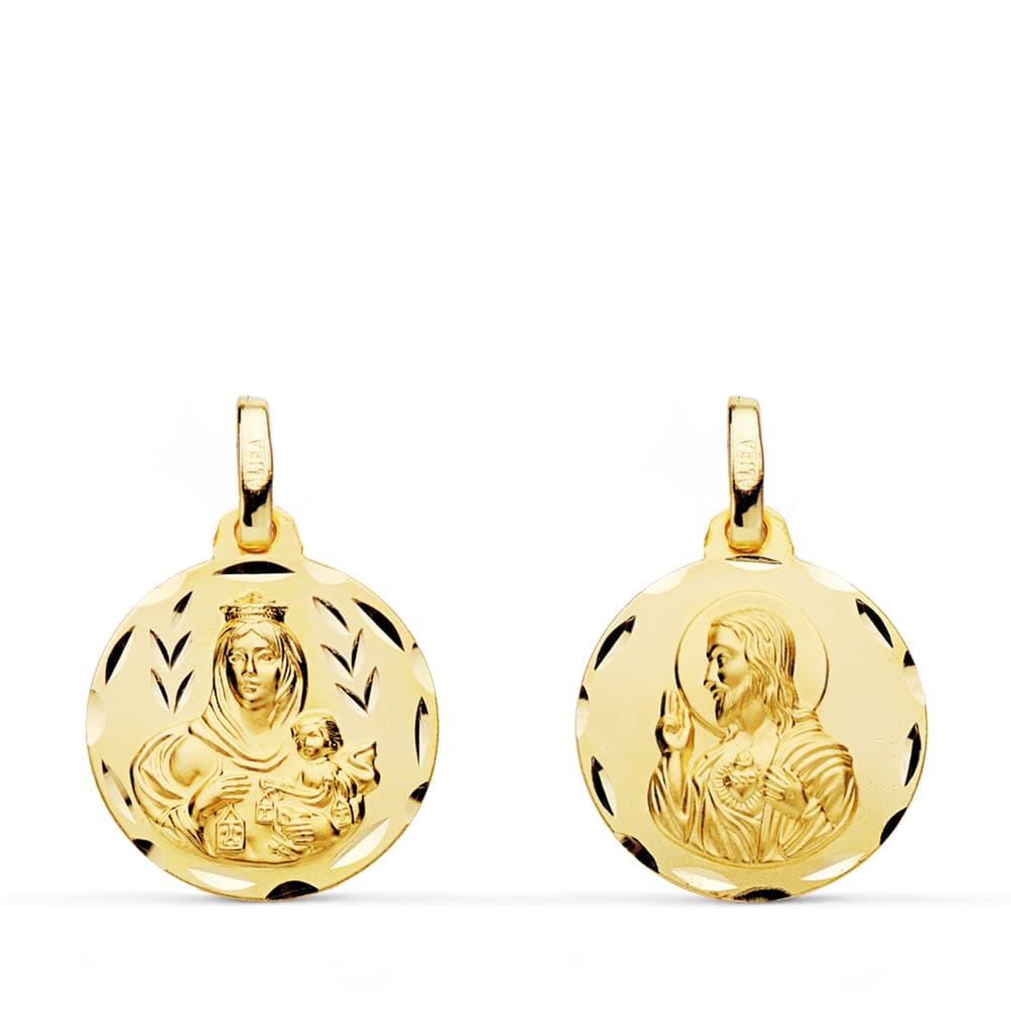 L'ATELIER D'AZUR Pendentif Médaille Scapulaire Or Jaune - Vierge à l'Enfant et Sacré Coeur de Jesus - Chaine Offerte