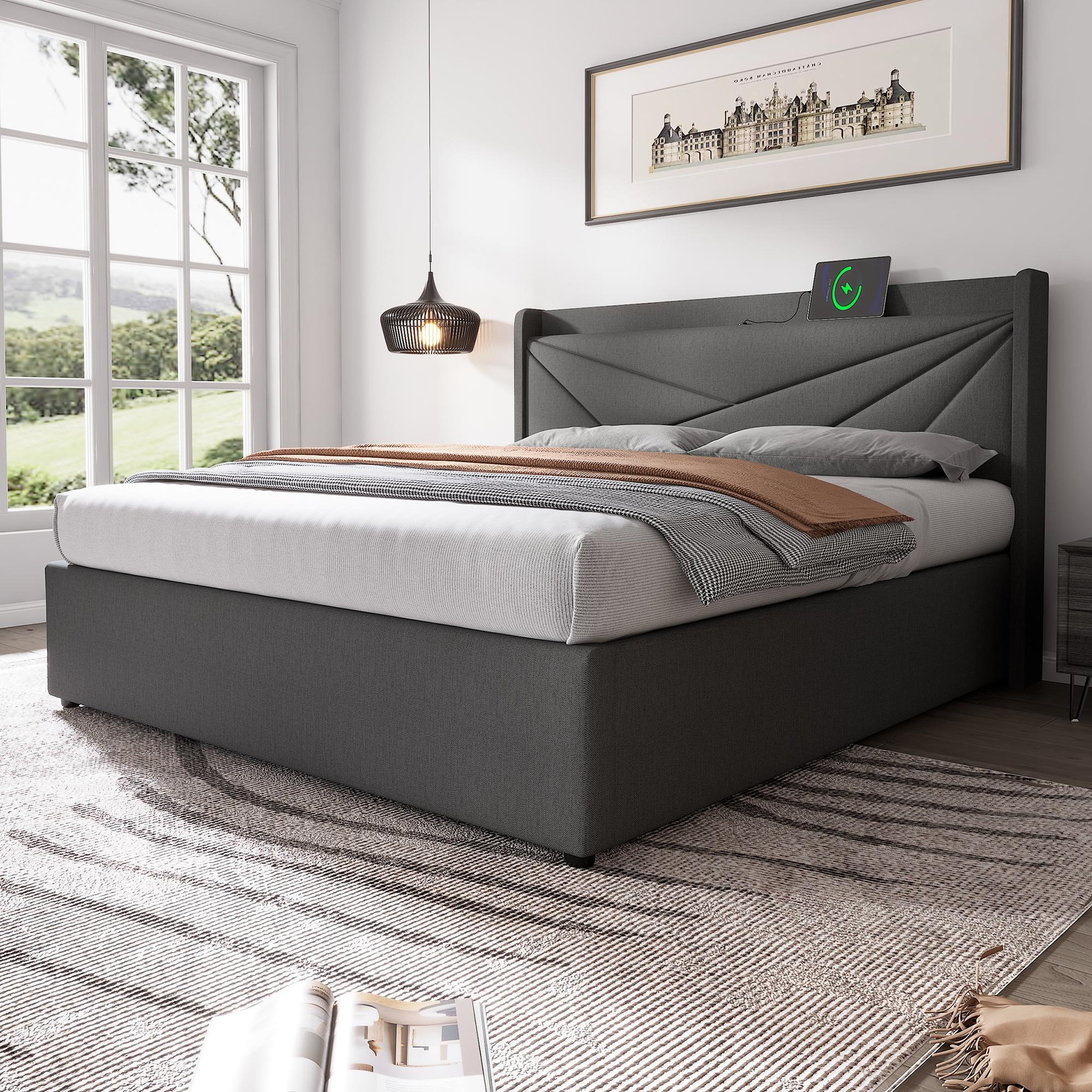 Voir la diapositive 3 : MERAX Lit coffre avec sommier et USB Lin