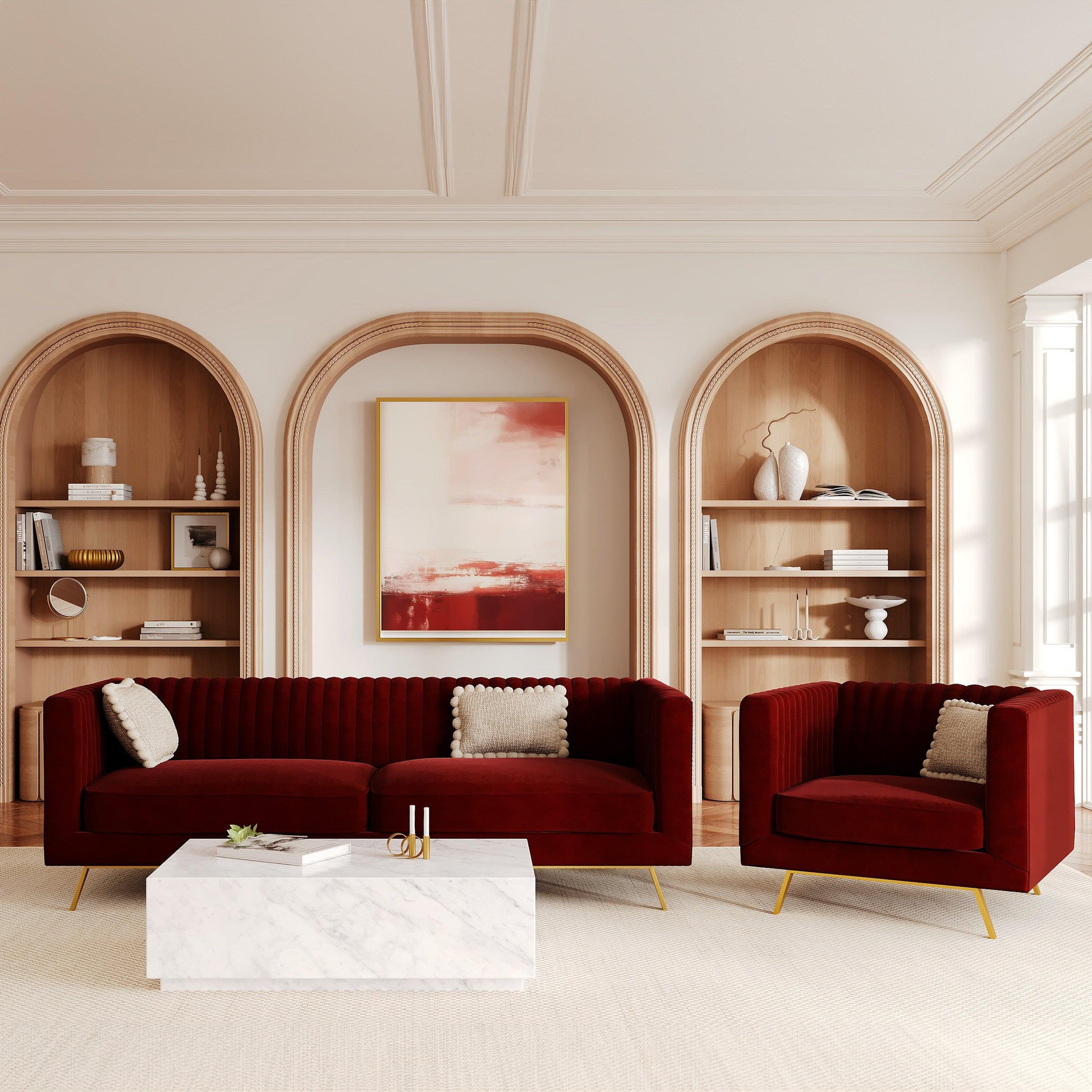 Voir la diapositive 5 : MAISON PAVANE Fauteuil en velours bordeaux et pieds en métal doré-gatsby