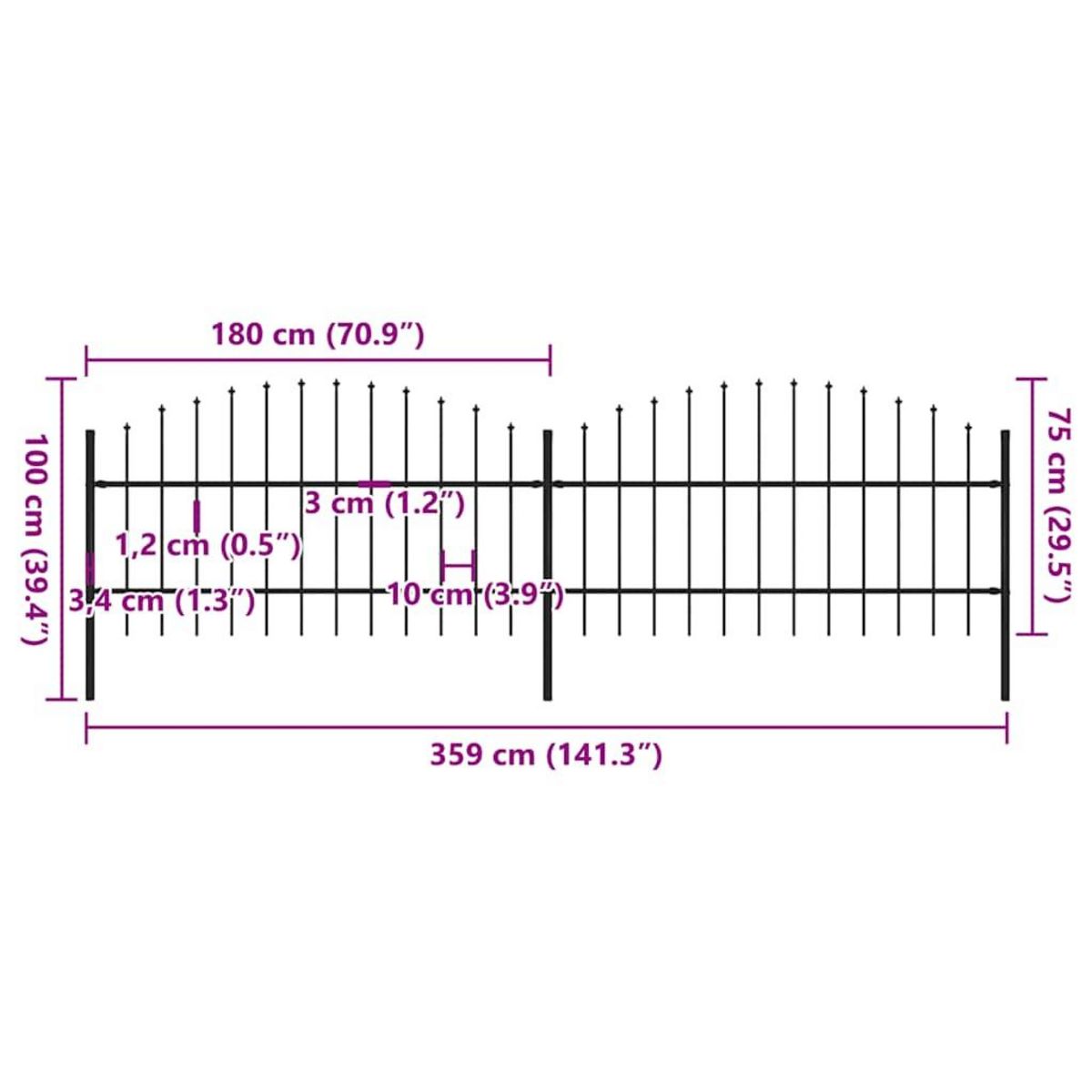 VIDAXL Cloture de jardin avec dessus en forme de lance en acier 359 x 100 cm Noir