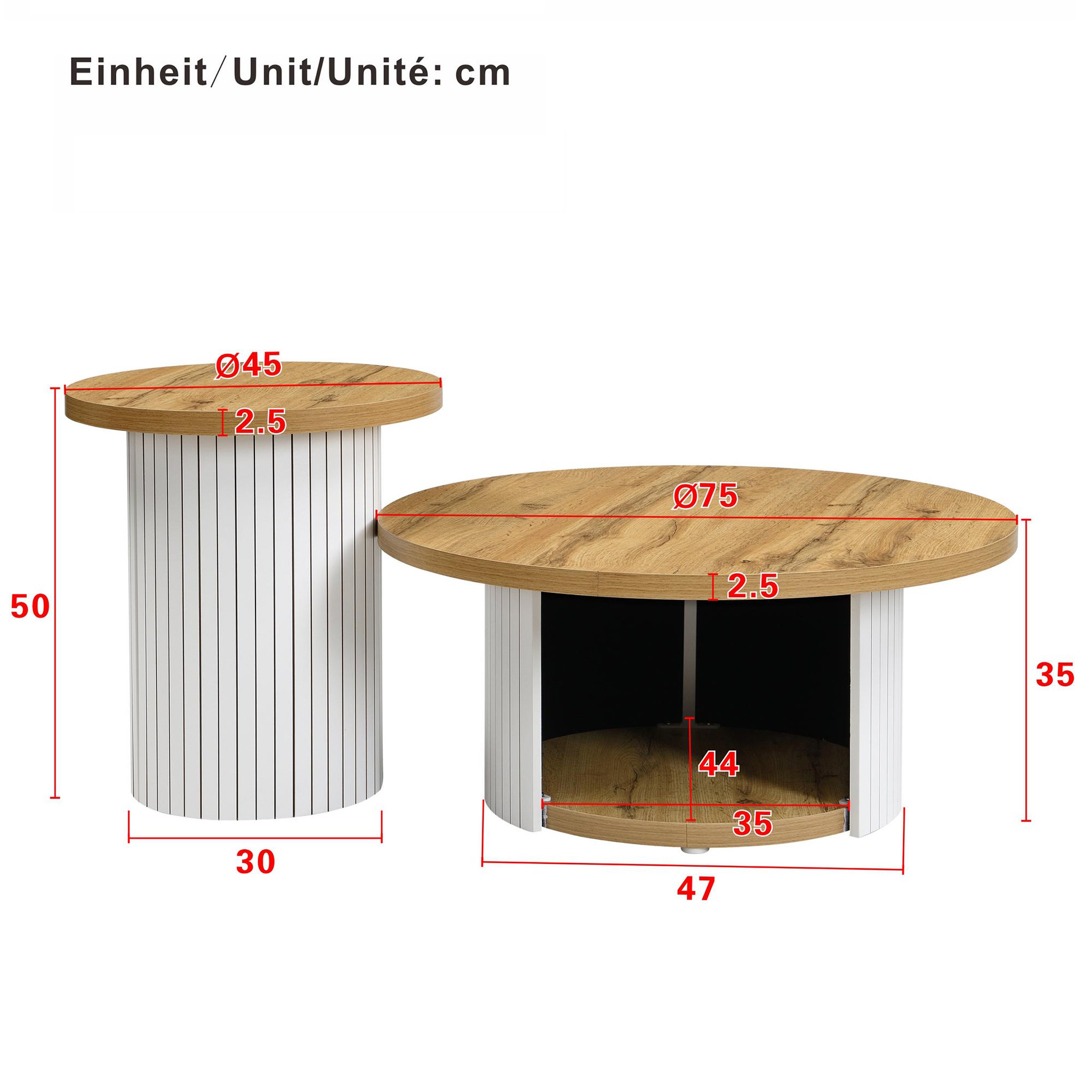 Voir la diapositive 3 : MERAX Table basse gigogne ronde blanc+naturel - 75x75 cm mdf