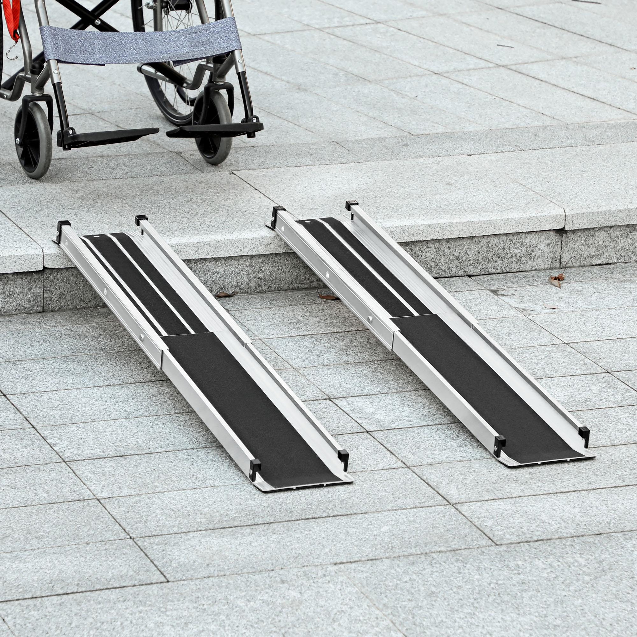 Voir la diapositive 2 : HOMCOM Rampe de fauteuil roulant telescopique rampe de chargement antidérapante avec bordures de sécurité max. 270 kg alu. Noir