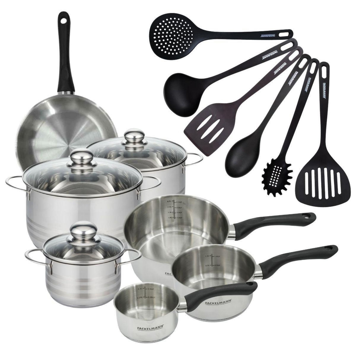 Fackelmann Set 1 poêle 20 cm 3 casseroles 12 16 20 cm, 3 faitouts 16, 20 et 24 cm en inox et 6 ustensiles RPET Fackelmann Geneva