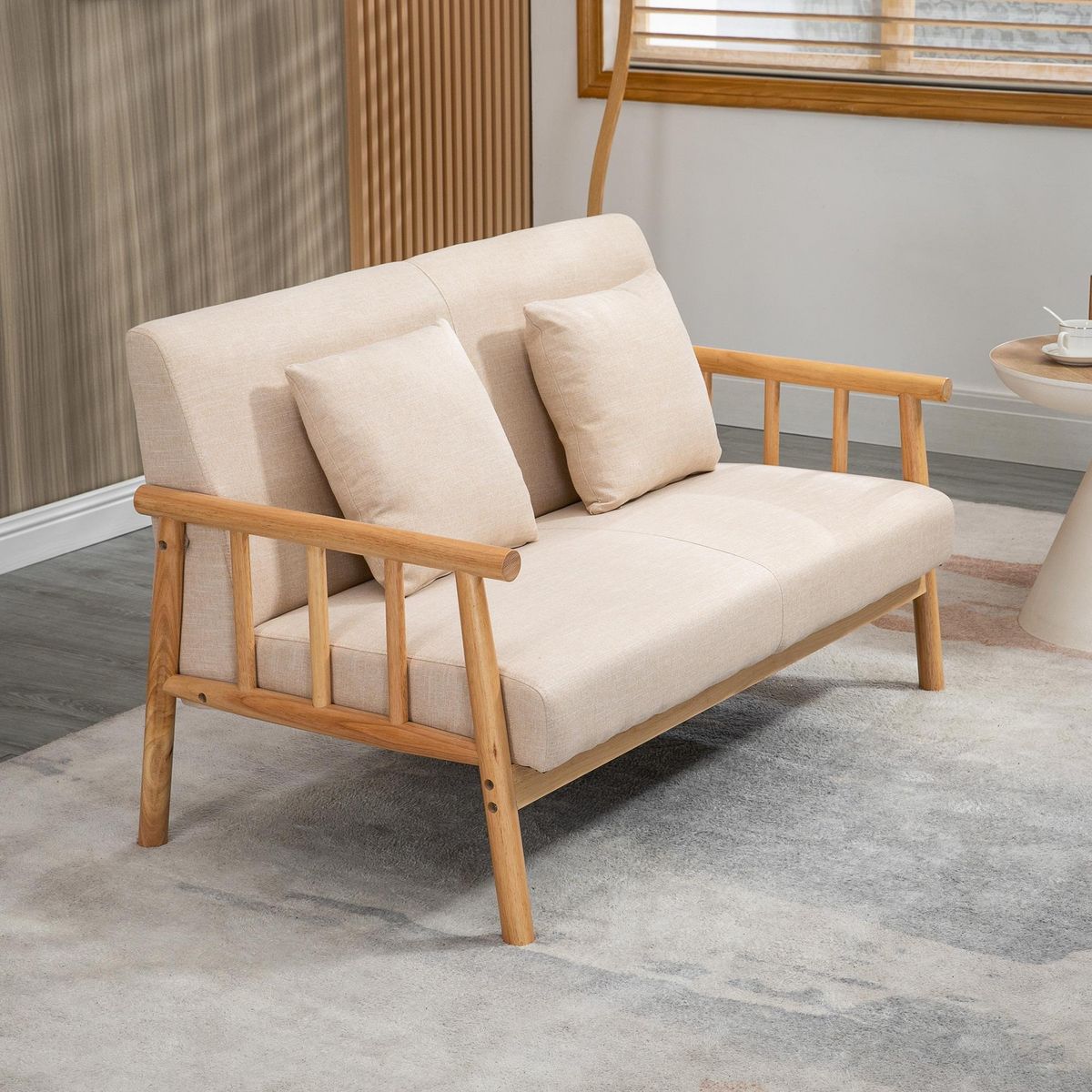 HOMCOM Canapé lounge 2 places - 2 coussins inclus - assise profonde - accoudoirs - structure bois hévéa - aspect lin beige