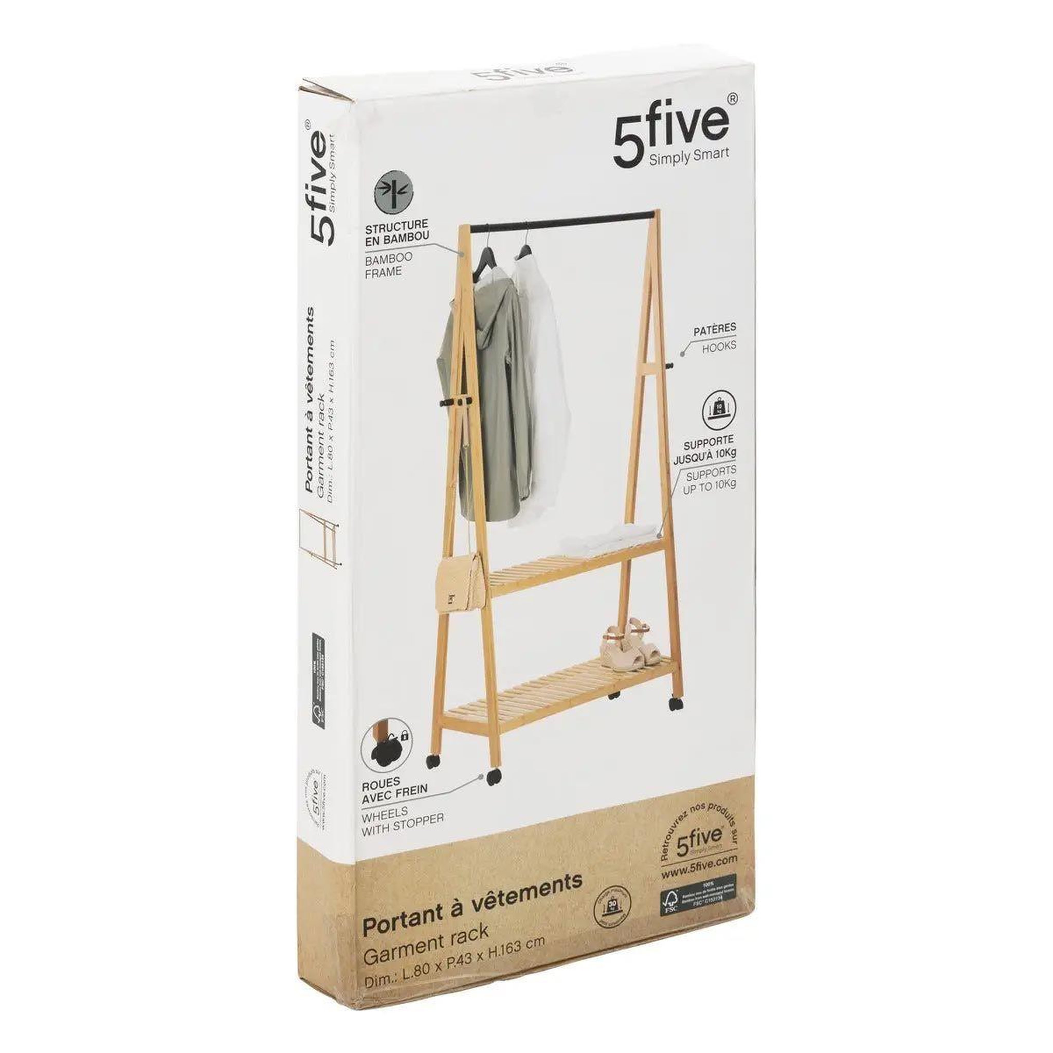 Voir la diapositive 4 : FIVE Portant à vêtements simple  bambou  163cm marron